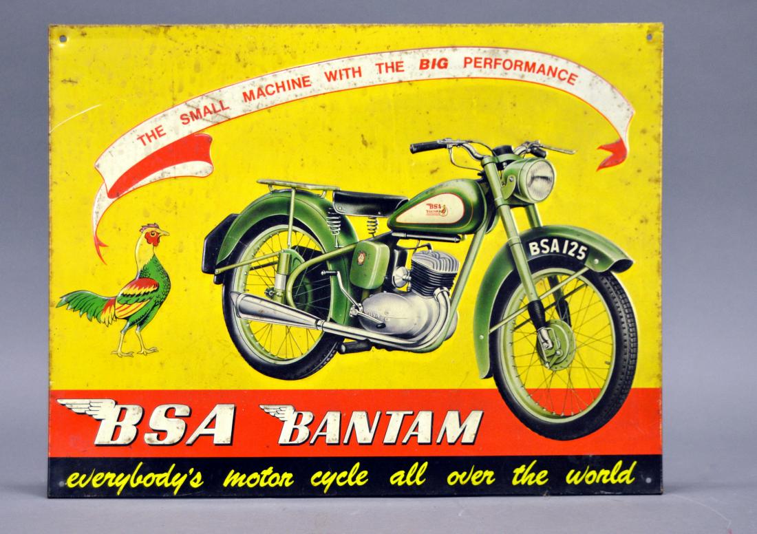 Vintage BSA Bantam motorcycle litho metal sign: Minor surface wear and rust