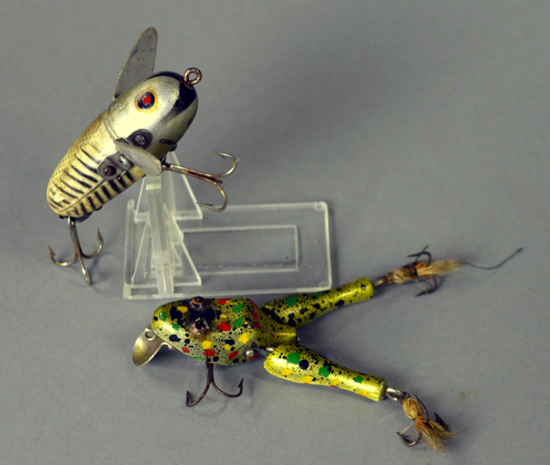 Two vintage fishing lures: Incluing a Paw Paw Frog and Heddon Crazy Crawler