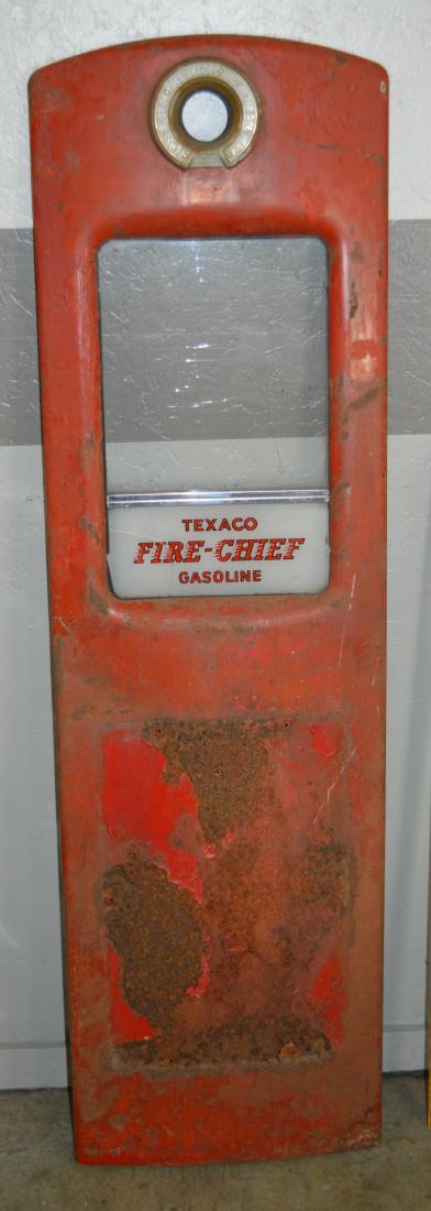 Vintage Texaco Fire-Chief Gasoline pump door: Glass cracked; paint, surface wear, and rust throughout