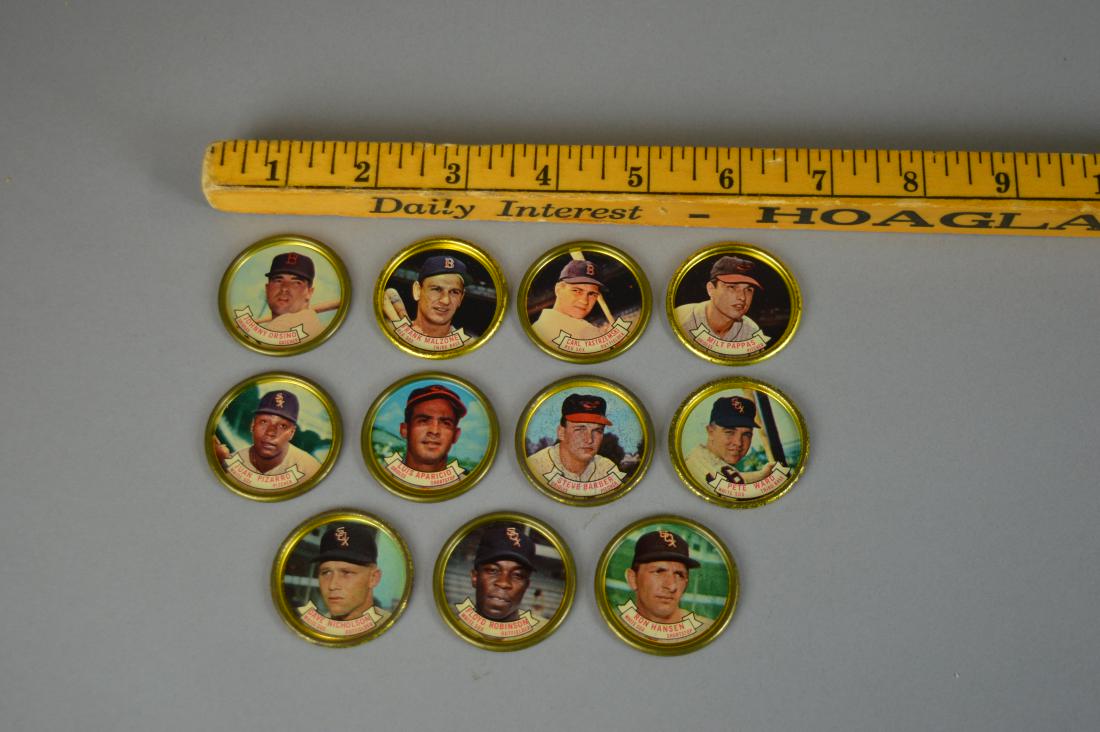 11 Salada Tea Topps Baseball Coins: Including Steve Barber, Pete Ward, Luis Aparicio, Juan Pizarro, Milt Pappas, Carl Yastrzemski, Frank Malzone, Floyd Robinson, Dave Nicholson, Ron Hansen, & Johnny Orsino