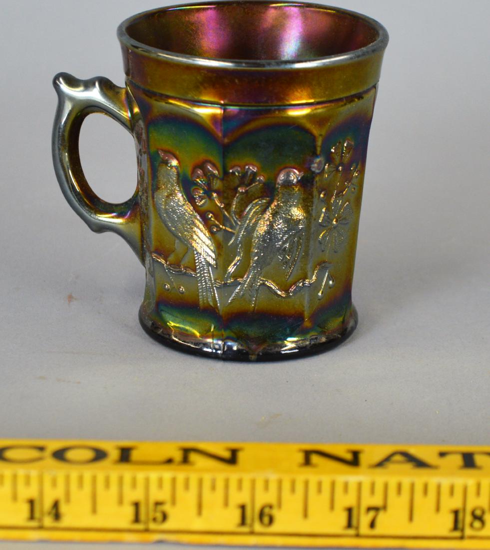 Northwood "Singing Birds" carnival glass mug: Amethyst