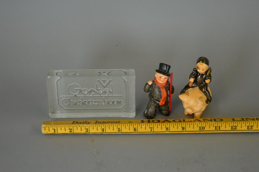 Two Goebel Chimney Sweep figurines & glass sign: Good