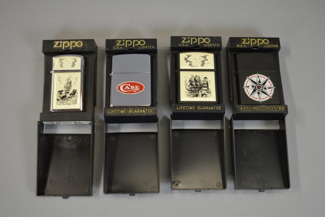 4 Zippo Lighters Compass, Case, Scrimshaw: 4 Zippo Lighters Compass, Case, Scrimshaw