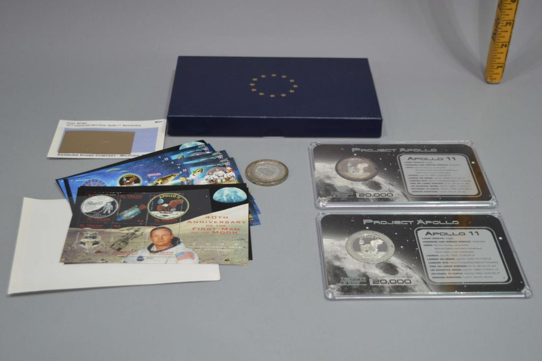 Apollo 11&13 Commemoritive Coins and Stamps: Assorted collection of stamps and coins. See photos