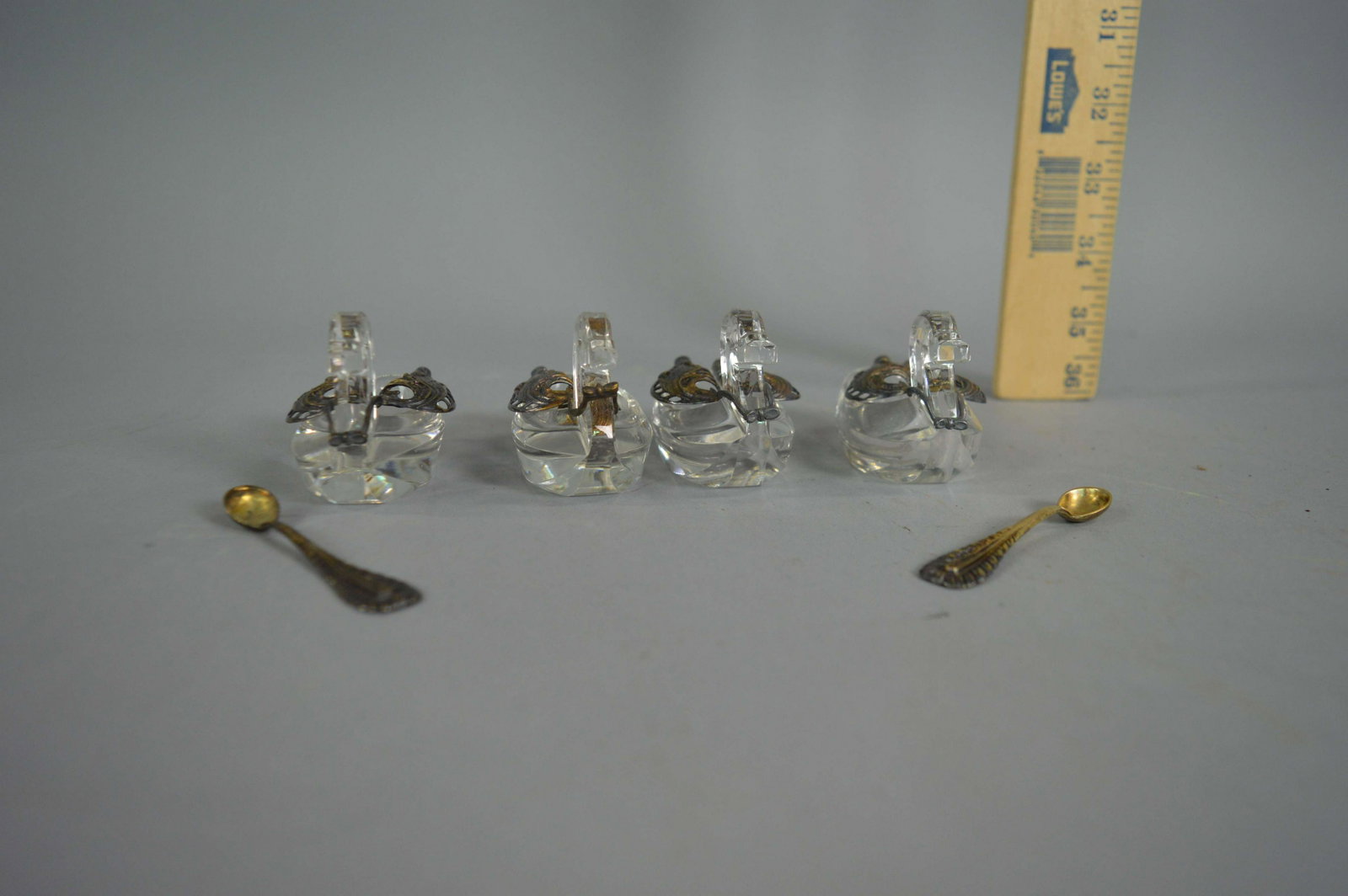 4 Cut Crystal & 835 Silver Duck Salt Cellars: 4 Cut Crystal & 835 Silver Duck Salt Cellars