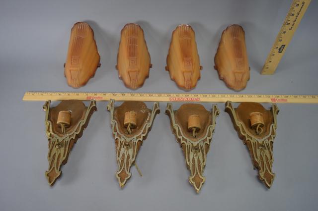 4 Art Deco Markel Slip Shade Wall Sconces: Four signed Markel spelter and glass slip shade wall sconces. Good condition with minor chips and paint residue. Please review the images for condition and dimensions.