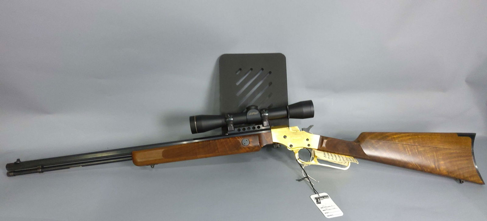 Richard Clauss Stevens Favorite 22 Cal Long Rifle: A Richard Clauss Stevens Favorite 22 caliber long rifle, with custom stocks, mag tube, scope mounts, swivels, steel butt plate, Leupold 4x scope, Clauss pocket, with ammo and knife compartment in the