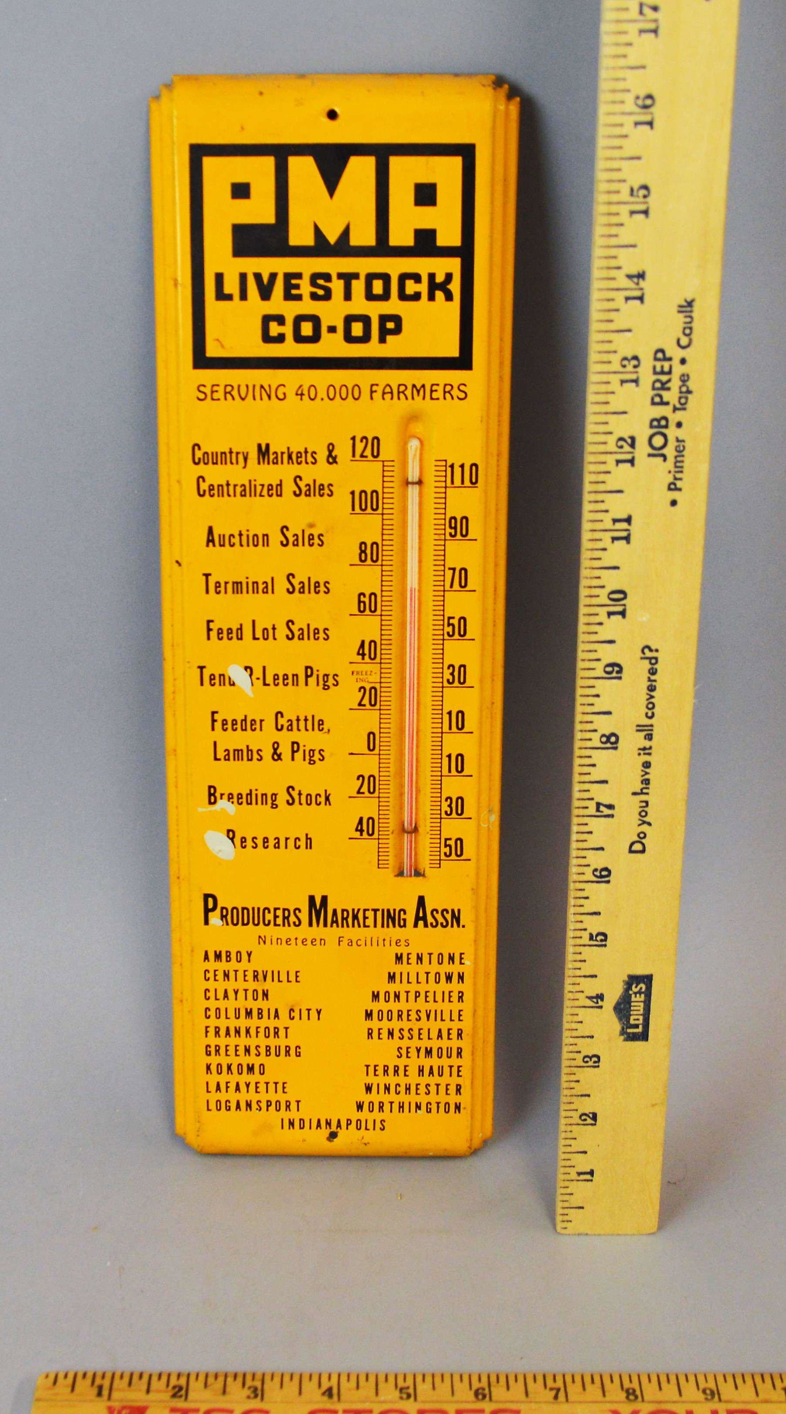 Vintage PMA Livestock Co-Op Advertising Thermometer: Vintage PMA Livestock Co-Op Advertising Thermometer