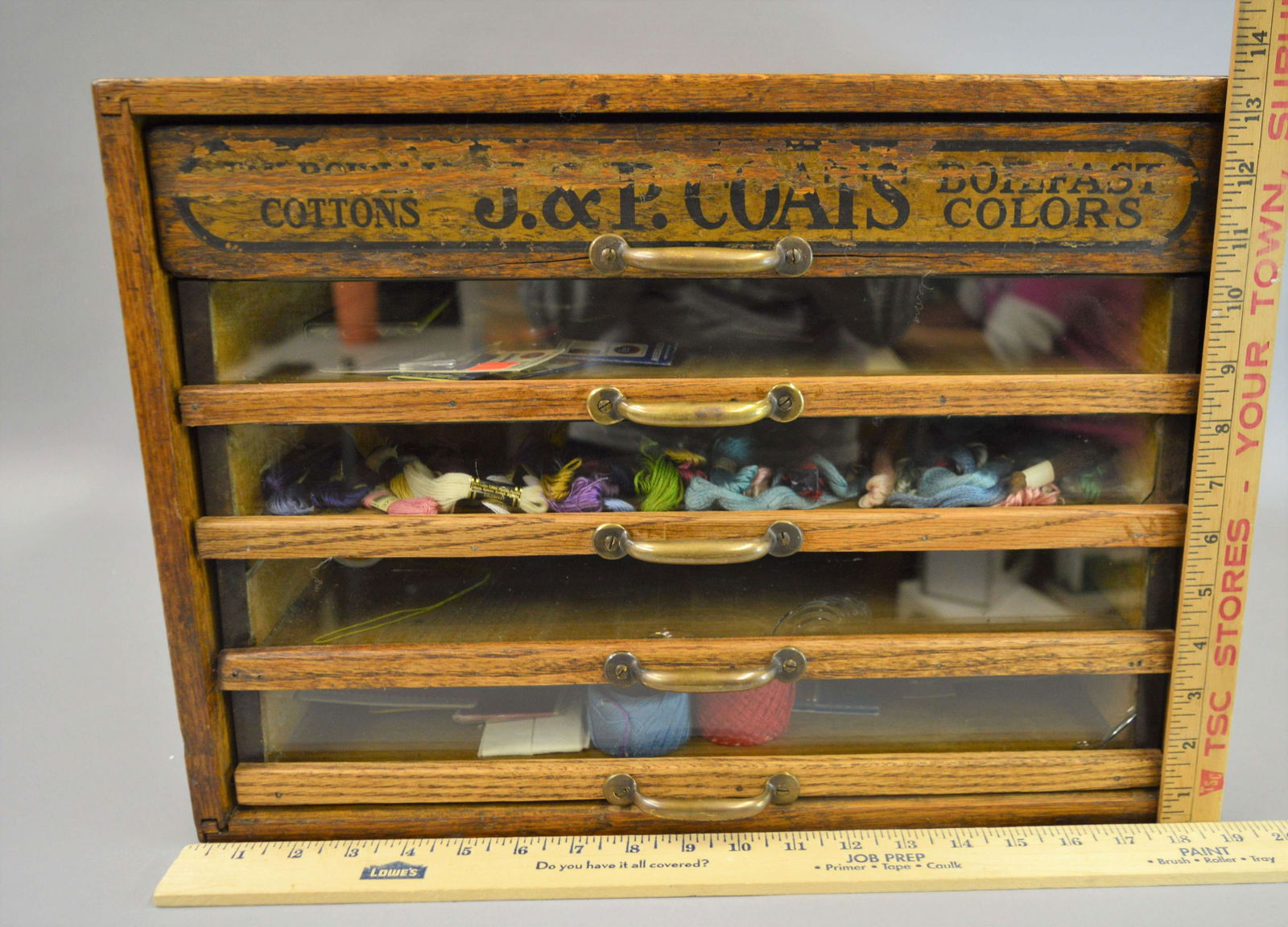 J & P Coats Spool Cabinet w/Glass Drawers: J & P Coats Spool Cabinet w/Glass Drawers
