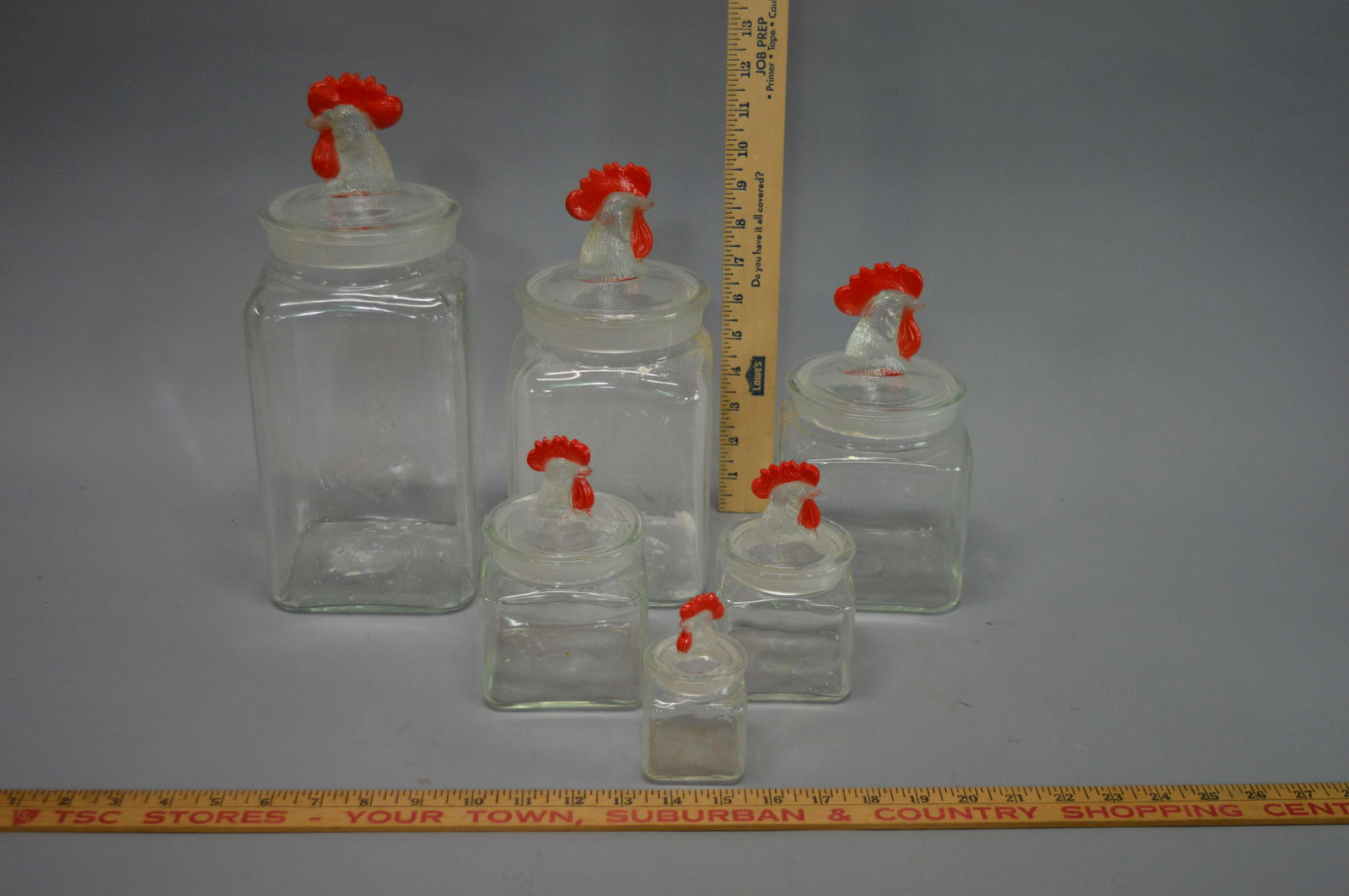 Set of 6 Glass Rooster Kitchen Canisters: Set of 6 Glass Rooster Kitchen Canisters