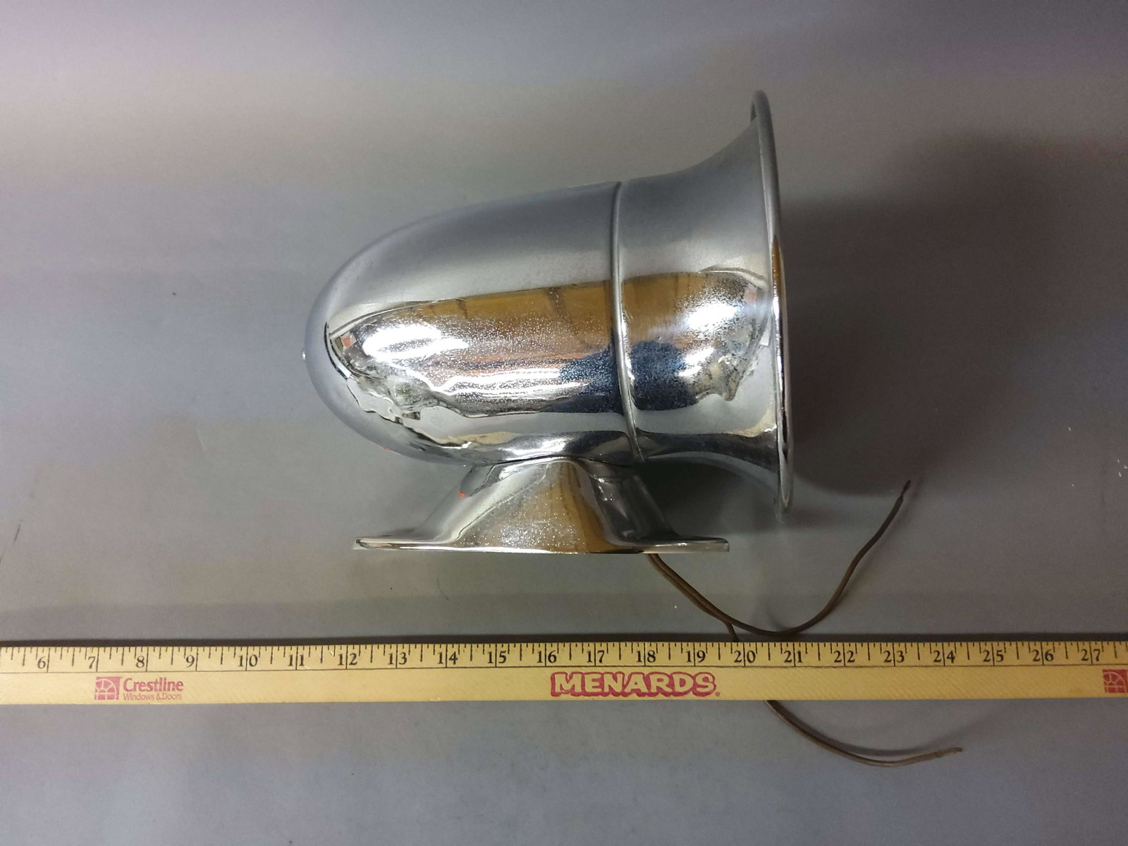 Chrome PA-Siren Speaker: A chrome PA-SIREN speaker, model CP-25. Good condition with superficial pitting. Please review the images for condition and dimensions.