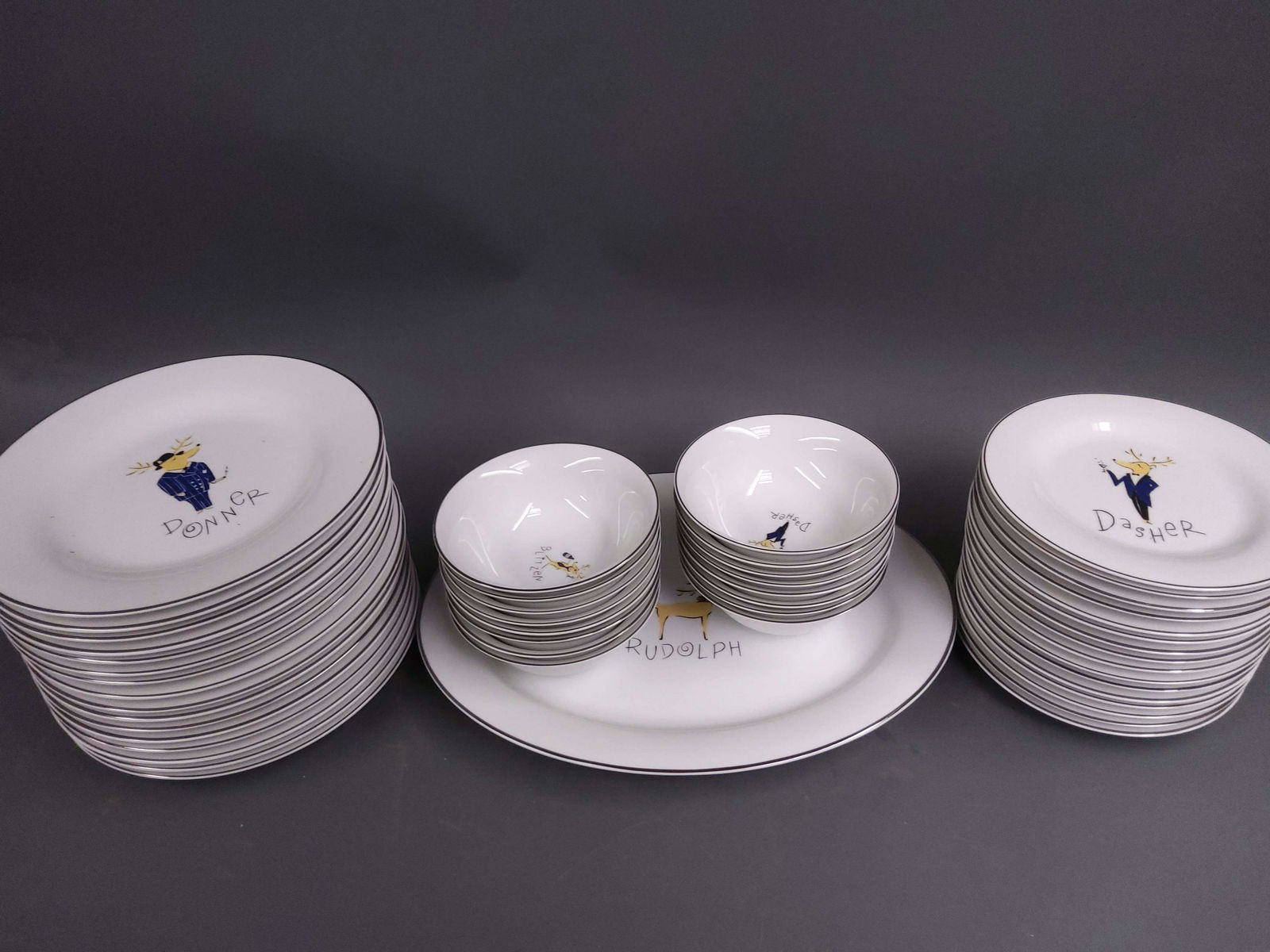 49 Pc. Pottery Barn Christmas Reindeer Dinnerware: A 49 piece Pottery Barn "Reindeer" dinnerware set.