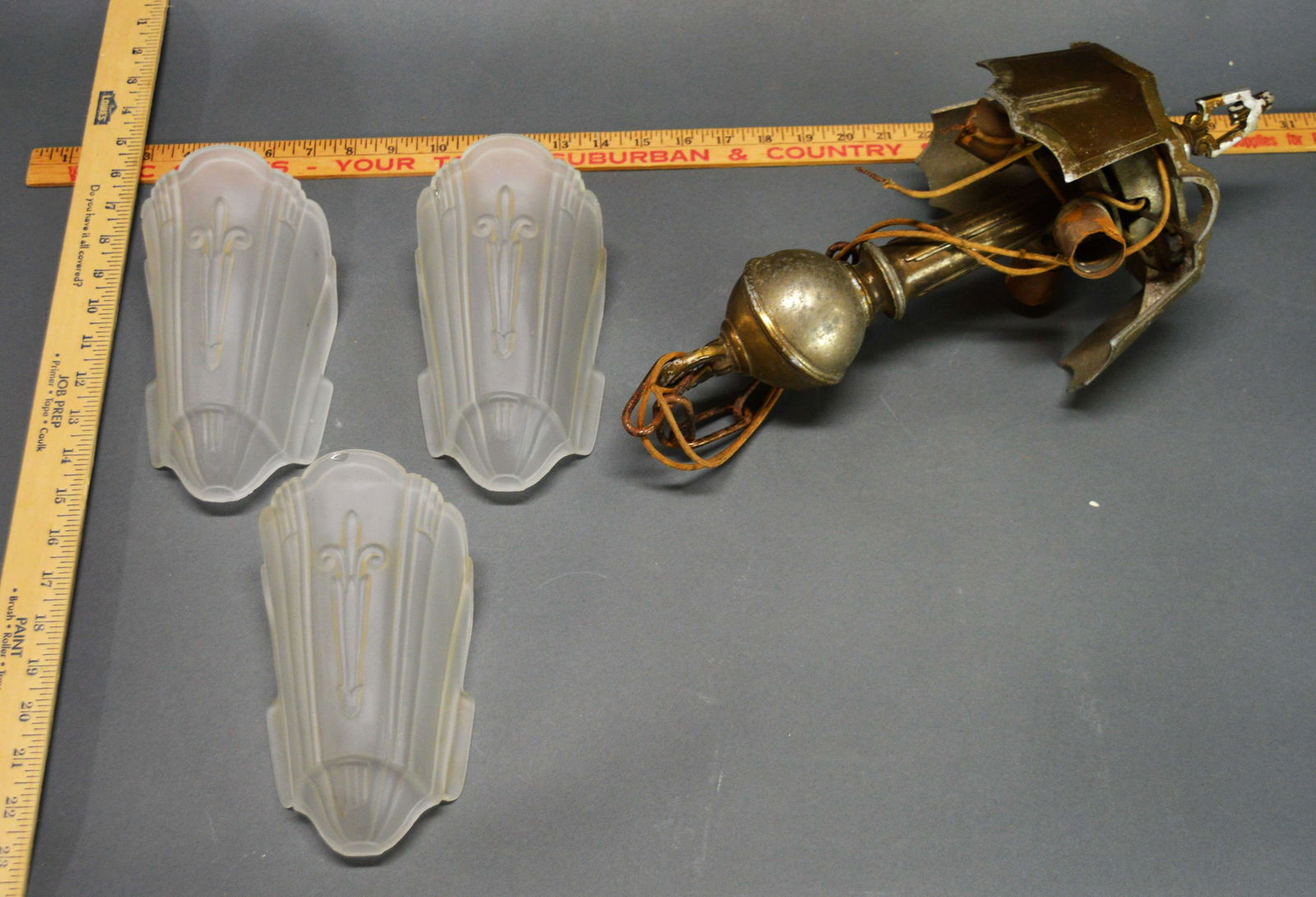 Art Deco Slip Shade 3-Light Chandelier: An Art Deco slip shade 3-light chandelier.