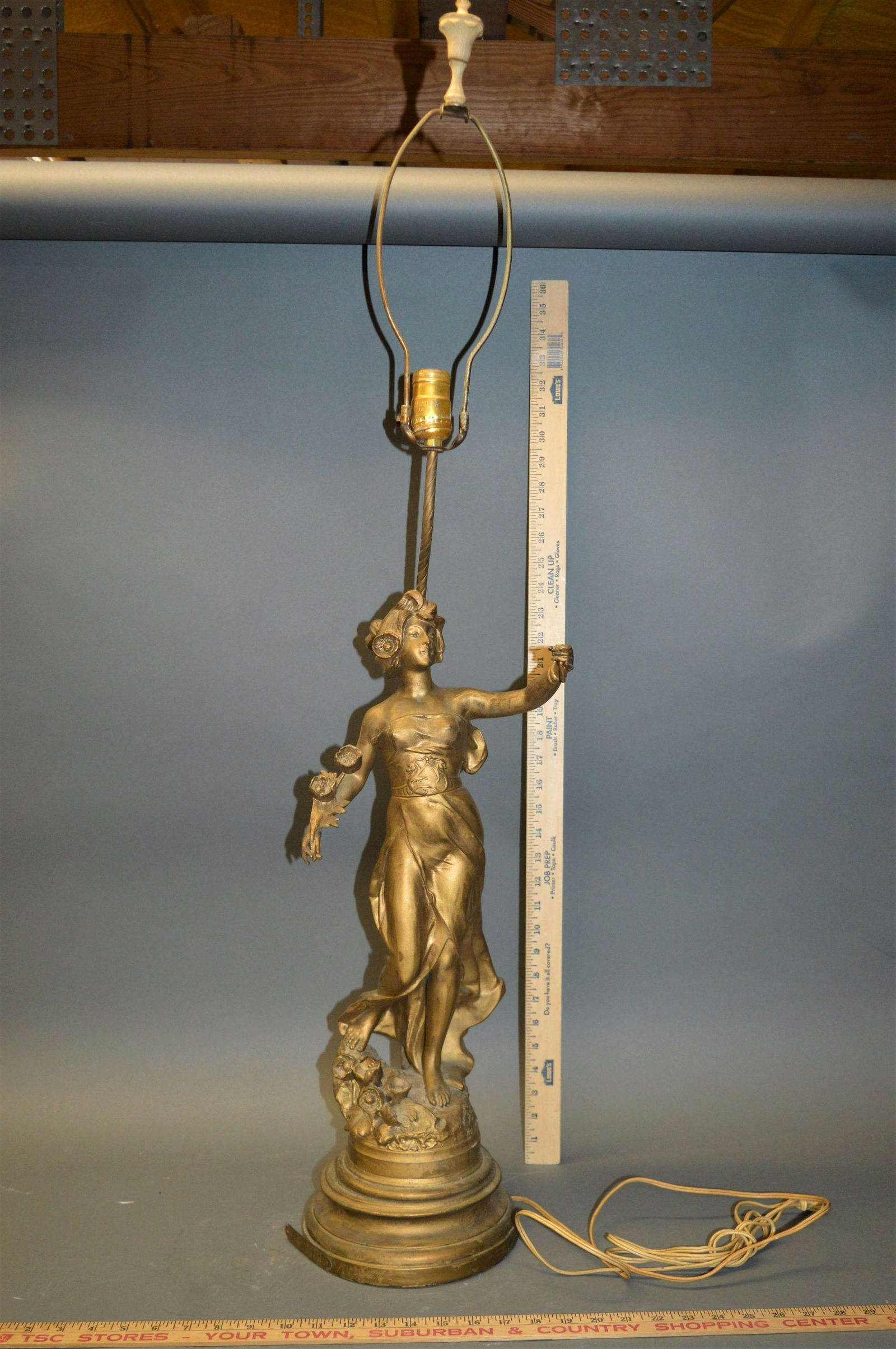 Art Nouveau Spelter Lamp Victor Rousseau: An Art Nouveau spelter table lamp, after Victor Rousseau, entitled "Anemone." Total height: 43 inches. Height of statue: 24 inches.