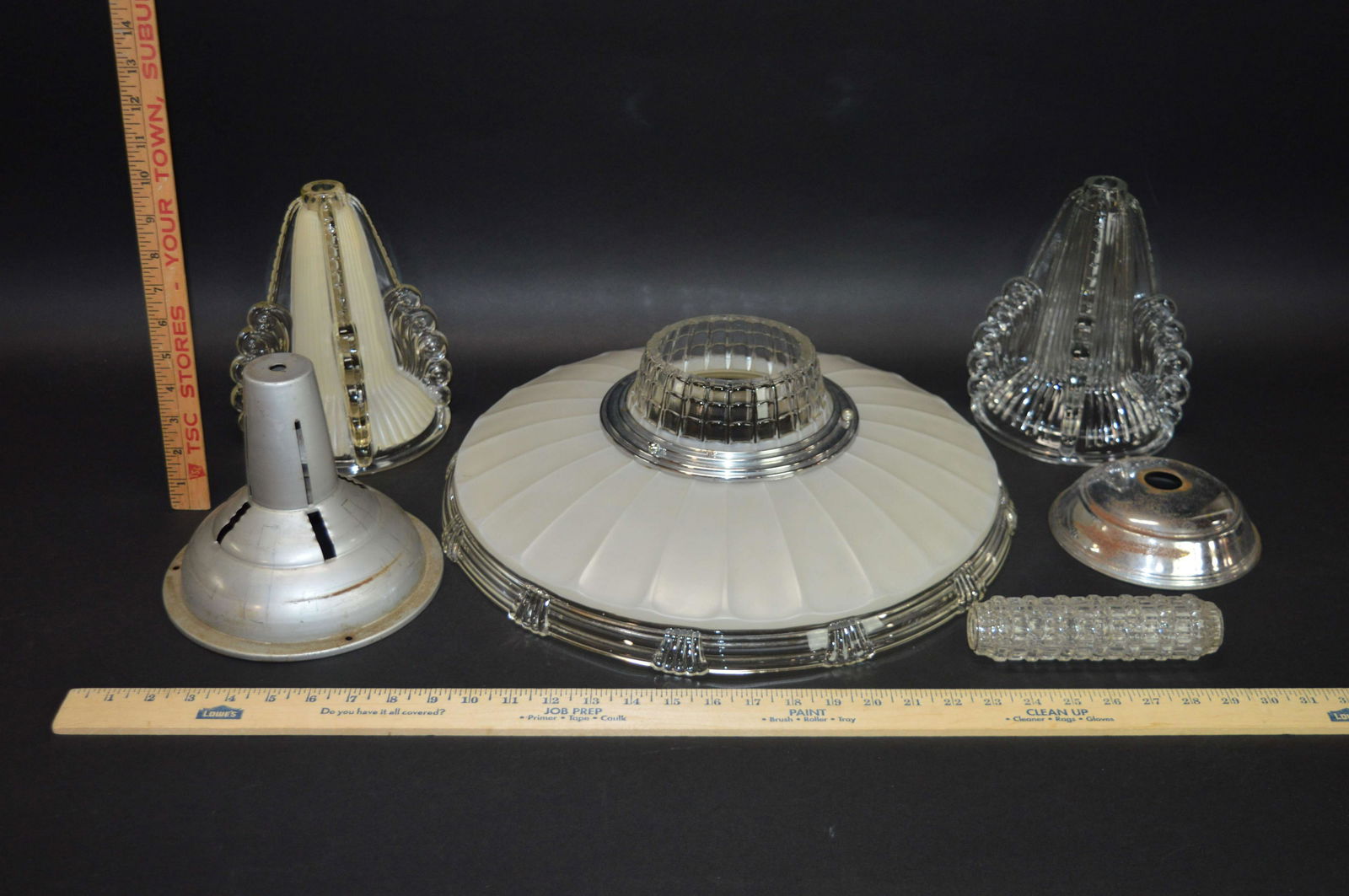 Large Art Deco Glass Light Shade & Fixture Components: An Art Deco glass light shade, together with light fixture components.