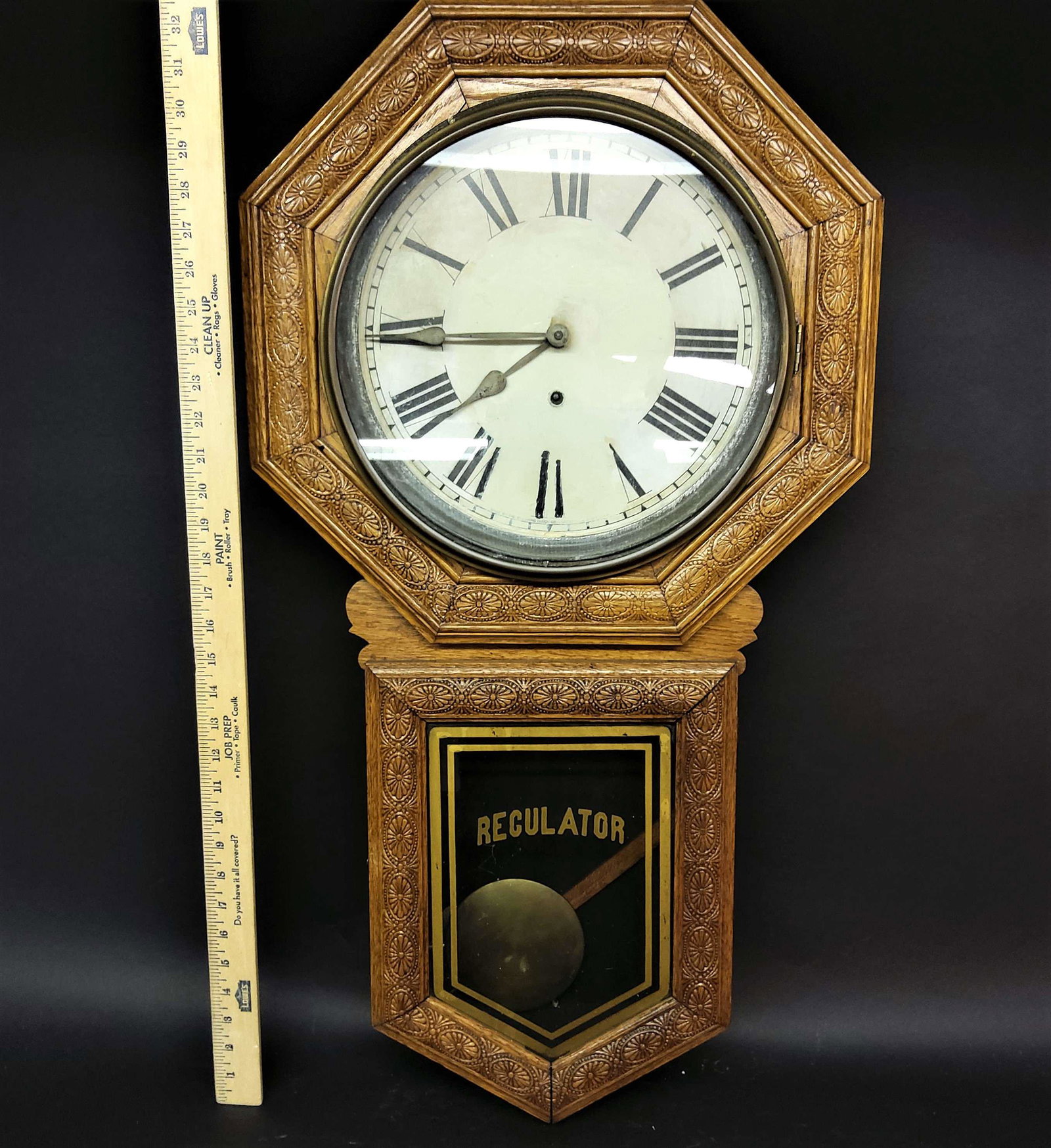 Victorian Pressed Oak Sessions Regulator Clock: A Victorian era pressed oak Sessions regulator clock. The clock works and comes with a key.
