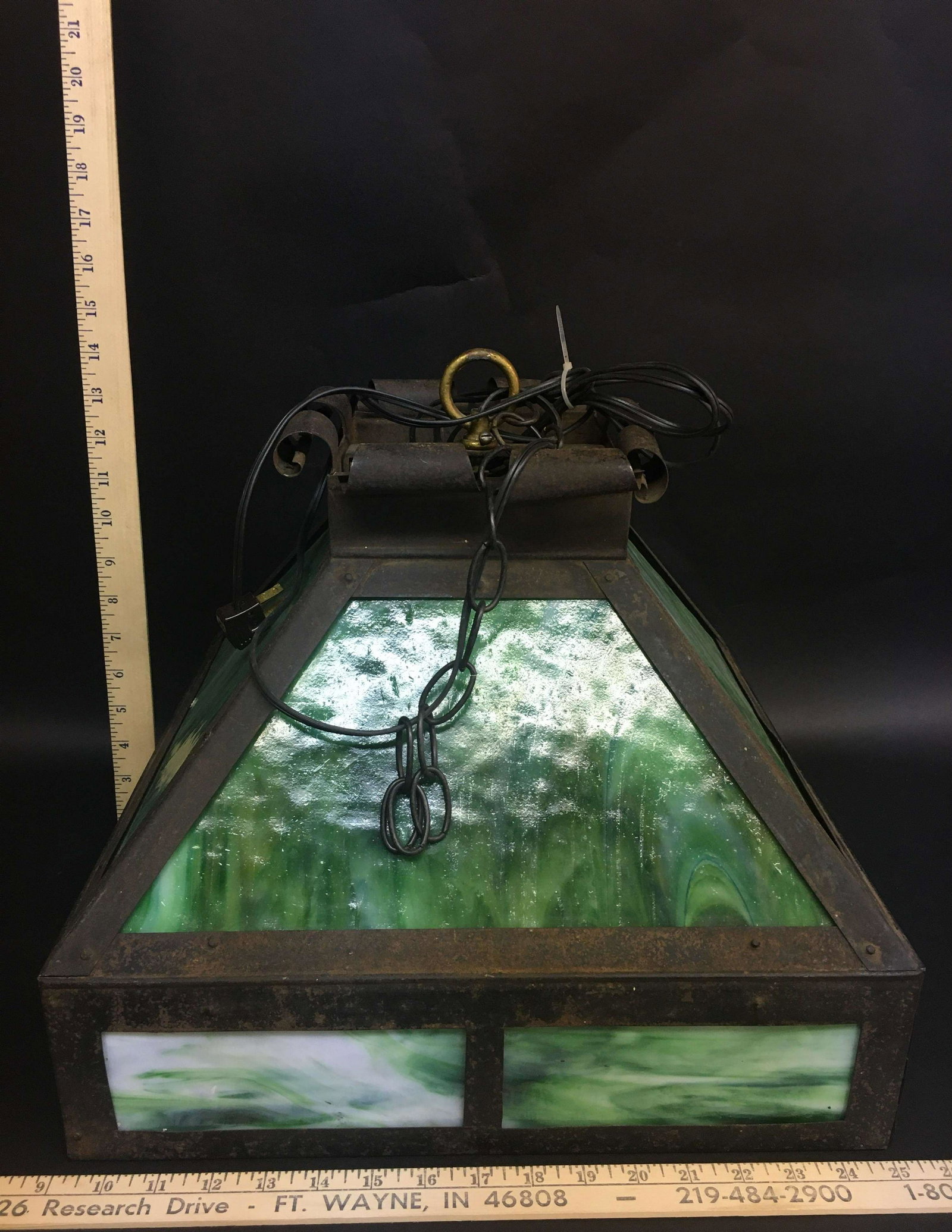Craftsman Mission Green Slag Hanging Light Fixture: A Craftsman/Mission green slag glass hanging light fixture. Dimensions: 14 inches high x 16 inches square.