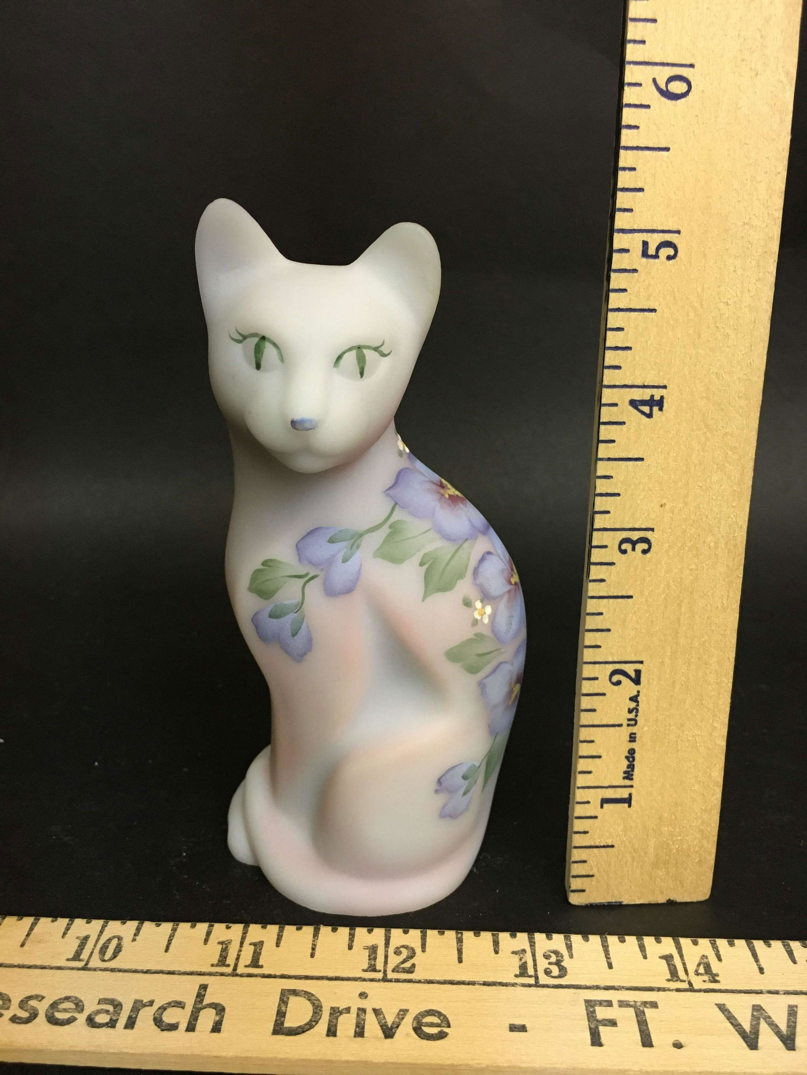 Fenton Hand Painted Blue Burmese Glass Cat Artist: An artist signed Fenton blue Burmese hand painted glass cat figurine.