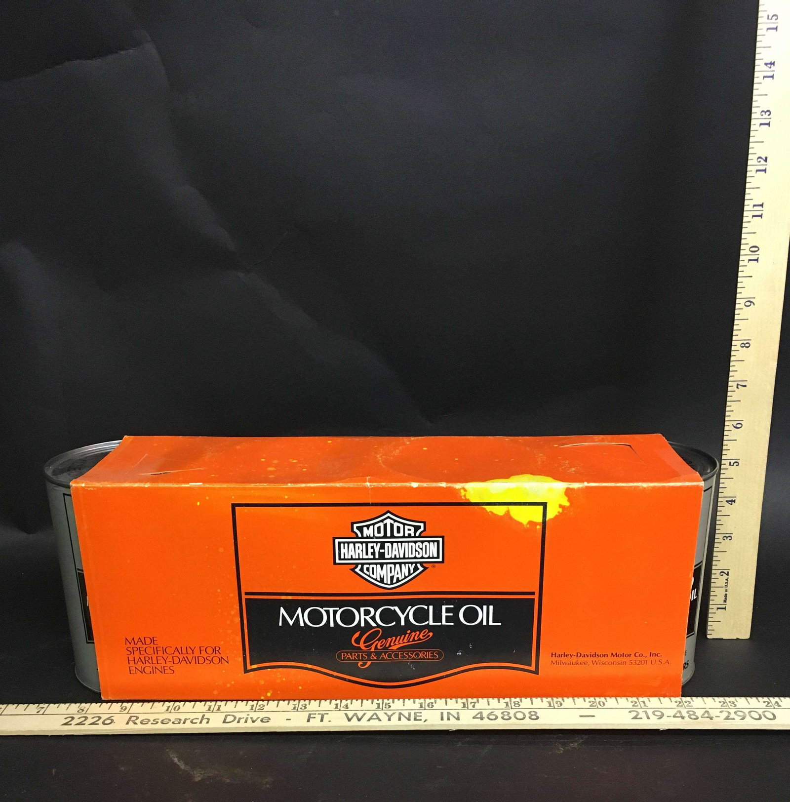 Boxed Set 4 Harley Davidson Motor Oil Cans: A boxed set of 4 full Harley Davidson motor oil cans.