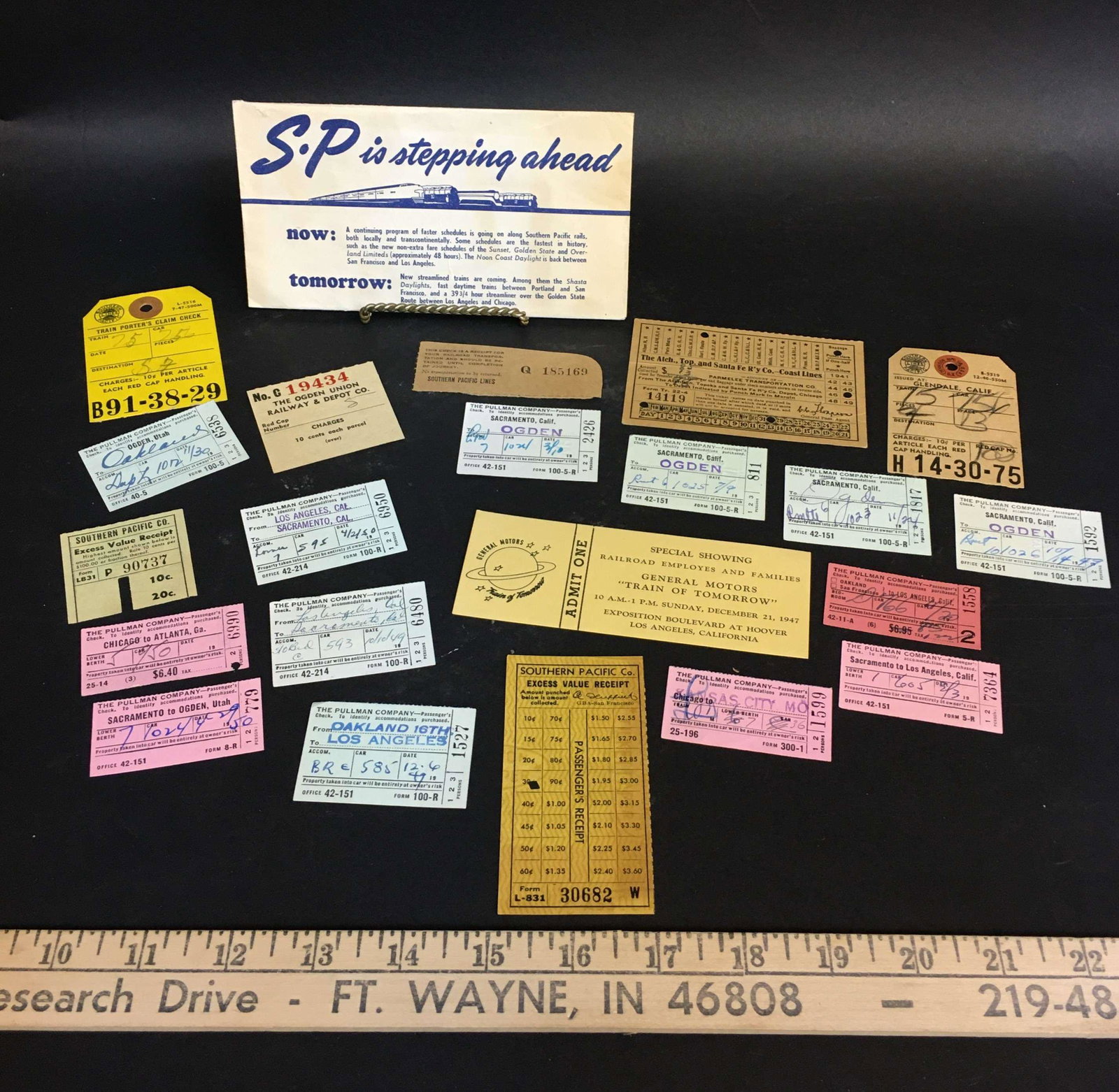 Lot of Vintage Railroad Tickets & Envelope: A lot of vintage railroad tickets, together with an envelope. Included: Pullman Company, Southern Pacific Lines, and the Ogden Union Railway & Depot Co.