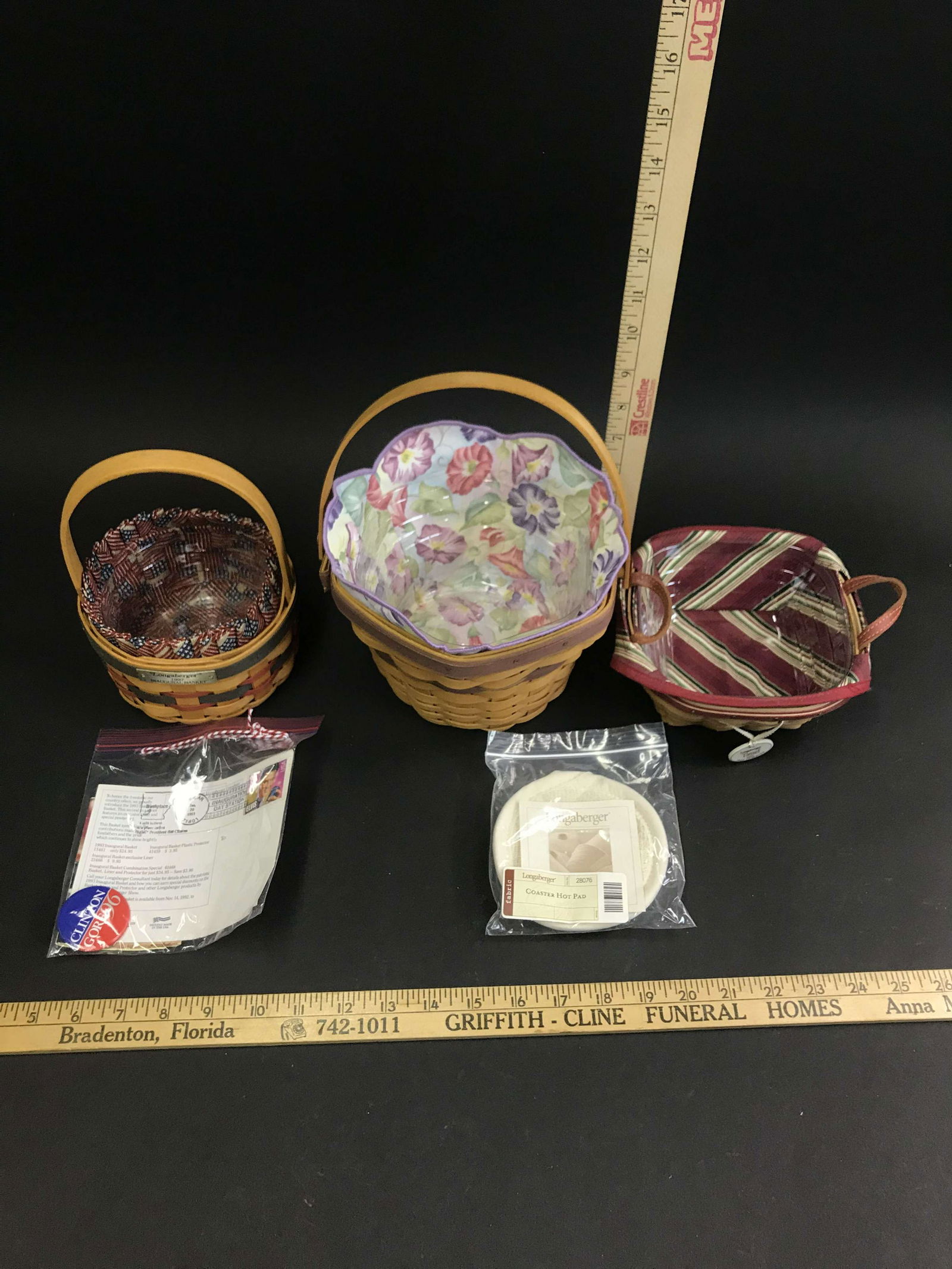 3 Longaberger Baskets: 3 Longaberger baskets, together with a hot pad coaster.