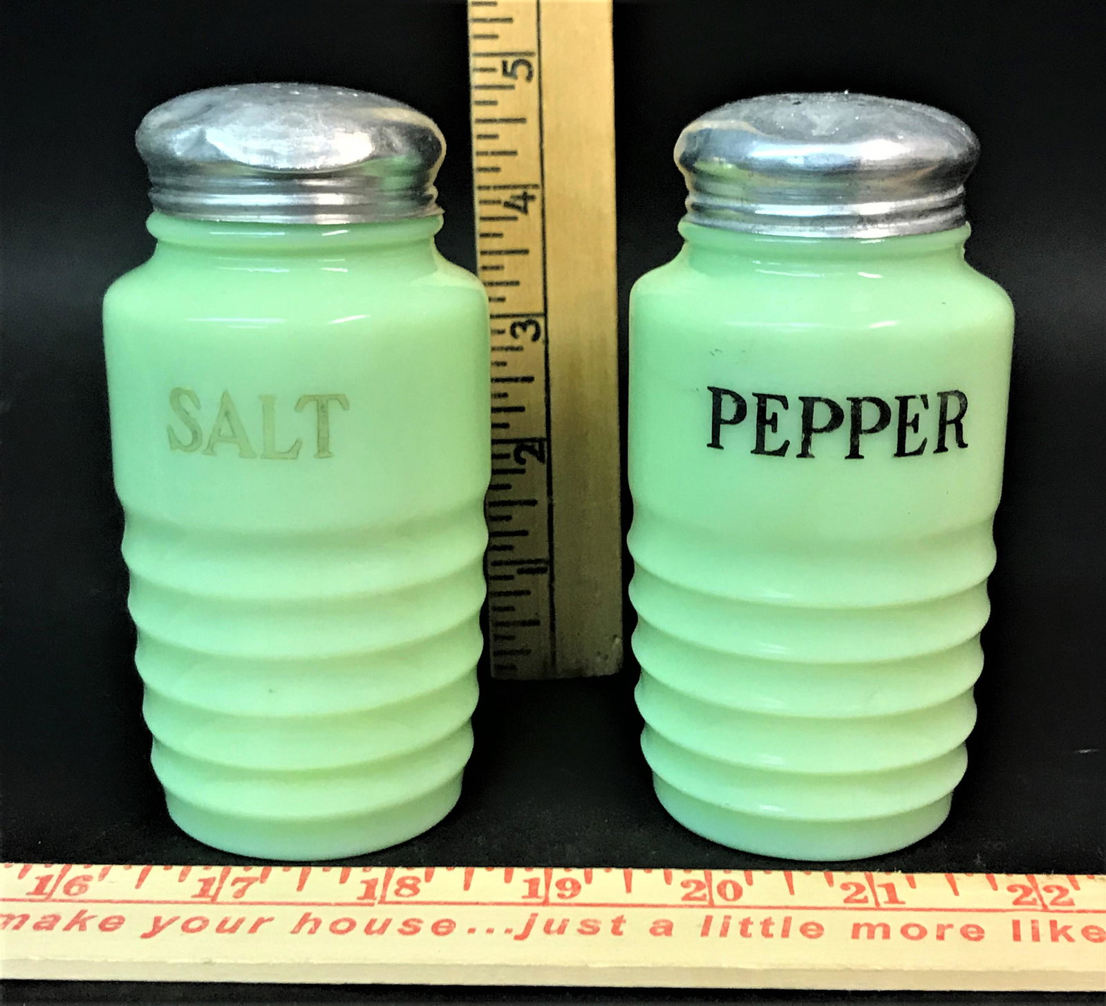 Pair Jeannette Jadeite Salt & Pepper Range Shakers: A pair of Jeannette Jadeite salt and pepper range shakers.