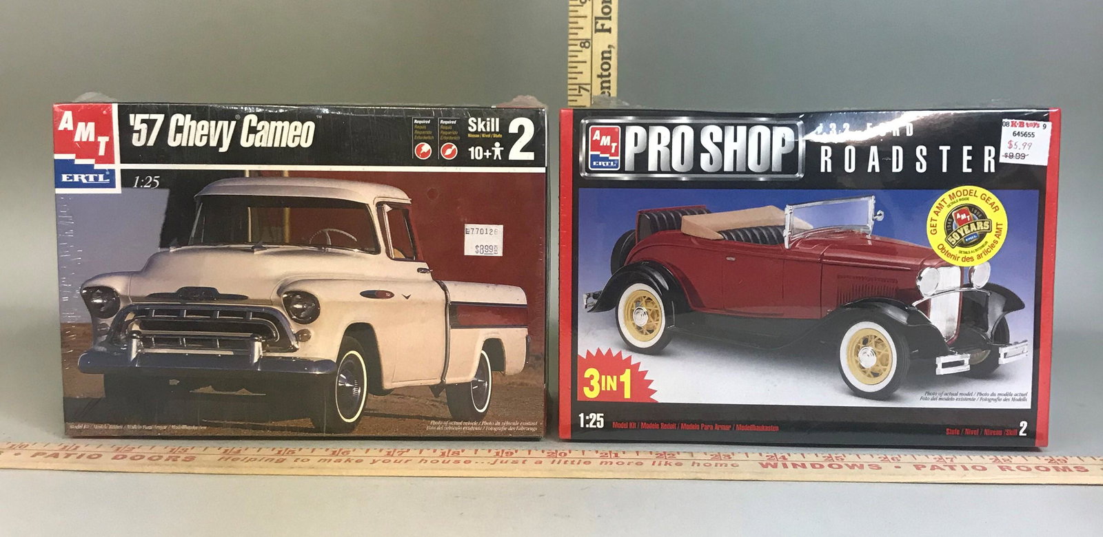 2 AMT Ertl 1:25 Model Kits '57 Chevy Cameo '32 Ford: 2 AMT Ertl 1:25 model kits, including '57 Chevy Cameo and Pro Shop '32 Ford Roadster.