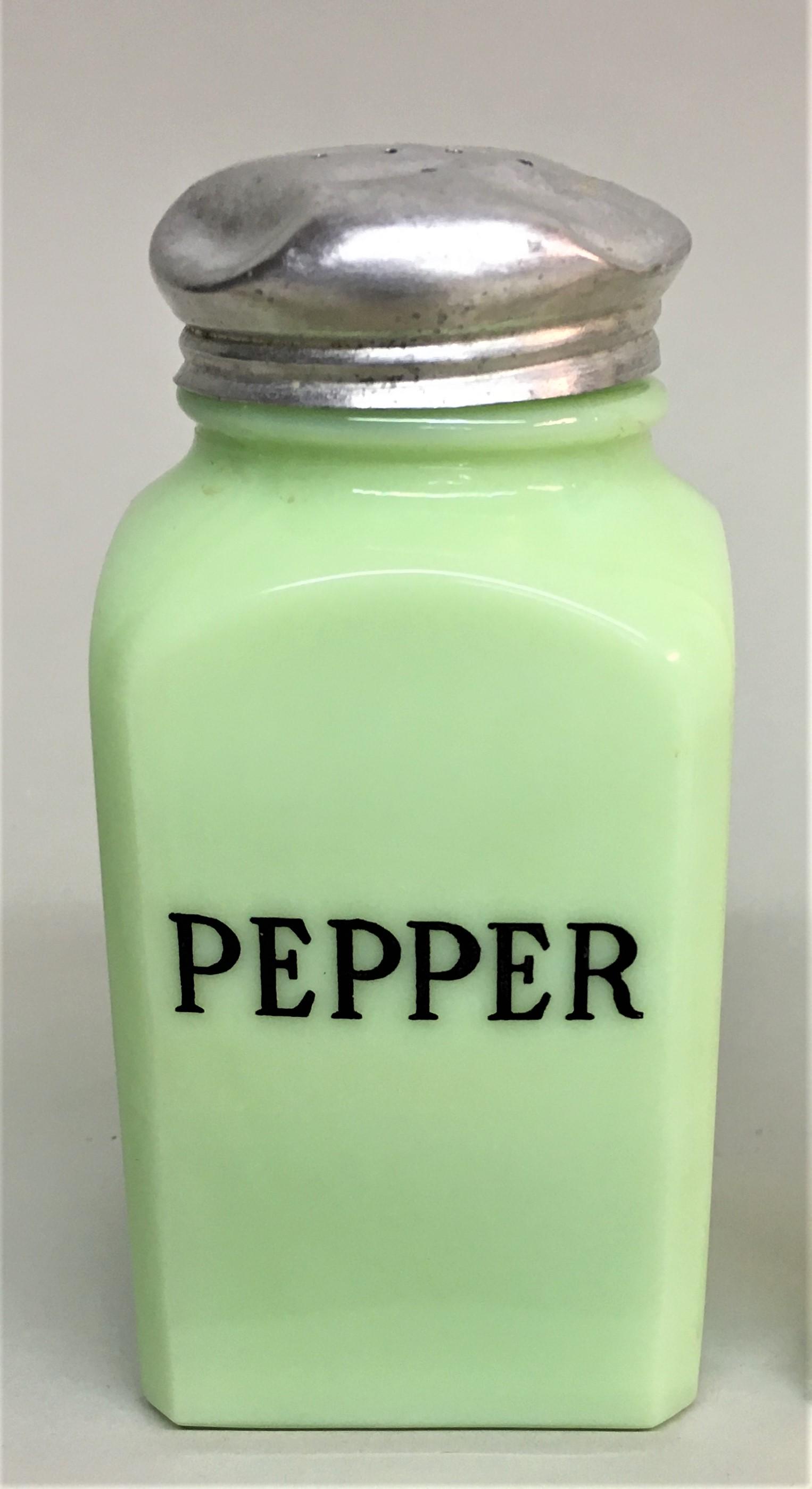 Vintage McKee Jadeite Pepper Range Shaker: A vintage McKee Jadeite glass pepper range shaker.