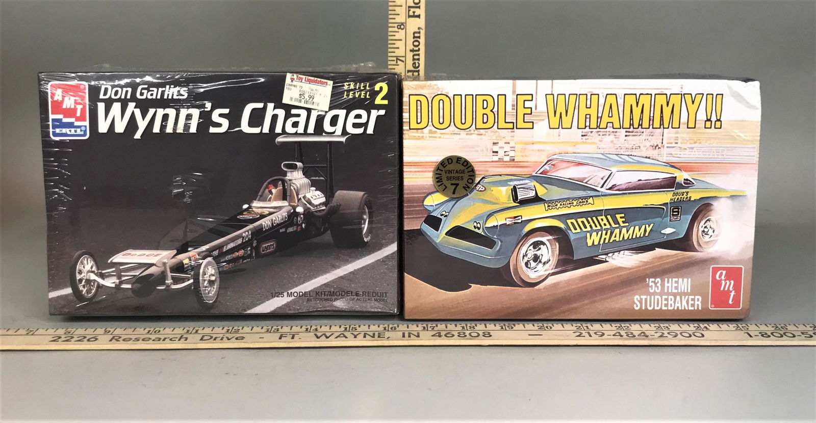 2 AMT Ertl 1:25 Model Kits Wynn's Charger '53 Hemi: 2 AMT Ertl 1:25 model kits including Don Garlits Wynn's Charger & Double Whammy '53 Hemi Studebaker.