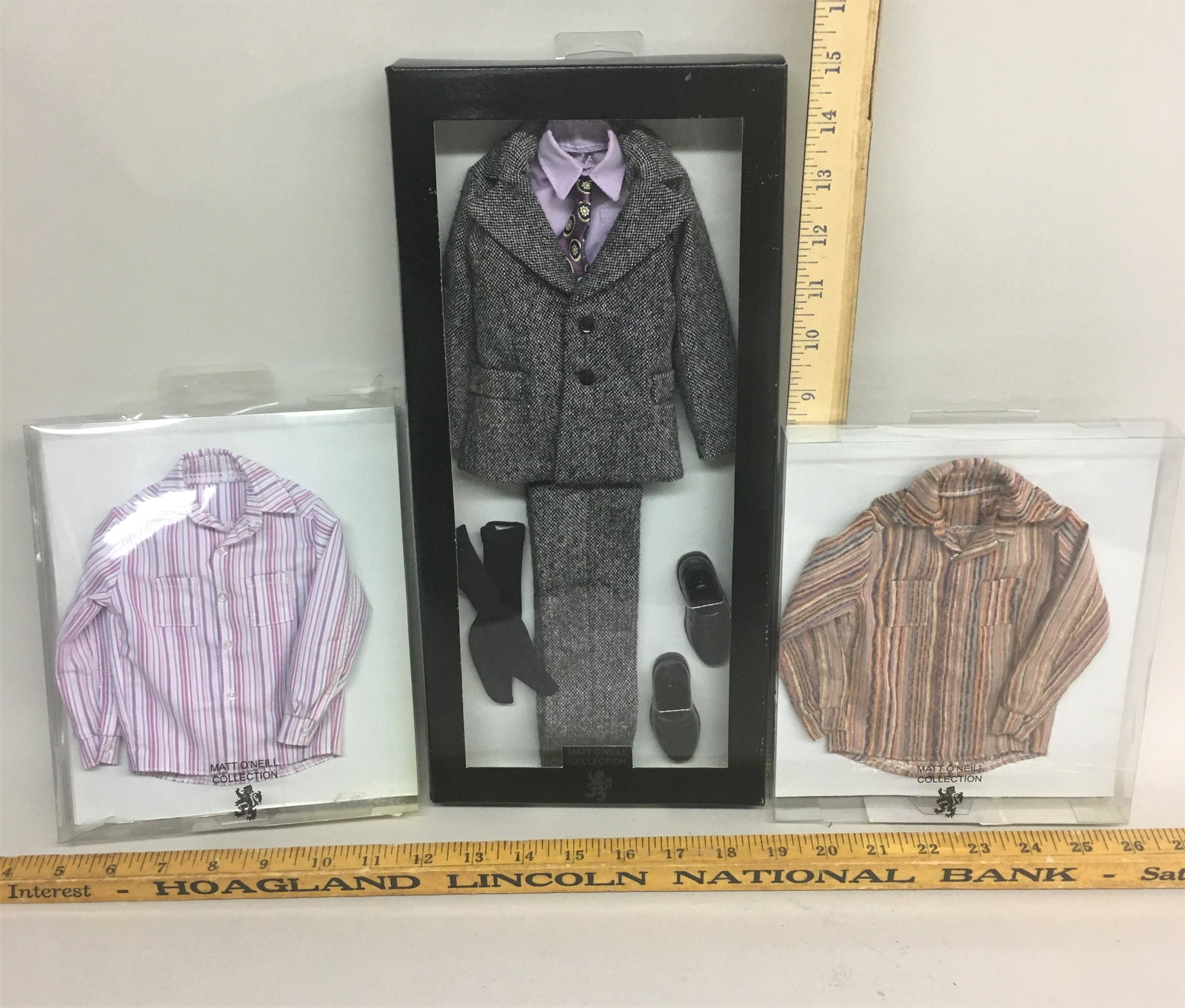 3 Tonner Matt O'Neill Doll Clothing Items: 3 Tonner Matt O'Neill Collection doll clothing items, including "Jazz Stripe Shirt" TOM0510, "Cool Stripe Shirt" TOM0503, and "Gent Set Suit" T6-MOOF-01