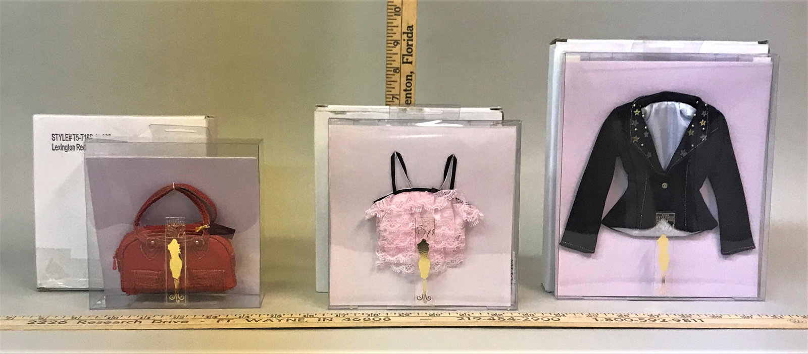 3 Tonner Doll Accessories Jacket Purse Camisole: 3 Tonner doll accessories, including "Lexington Red" T5-T16B-11-005, "Superstar Noir Jacket" T6-BQAC-23, and "Pink Frills Camisole "T6-BQAC-27