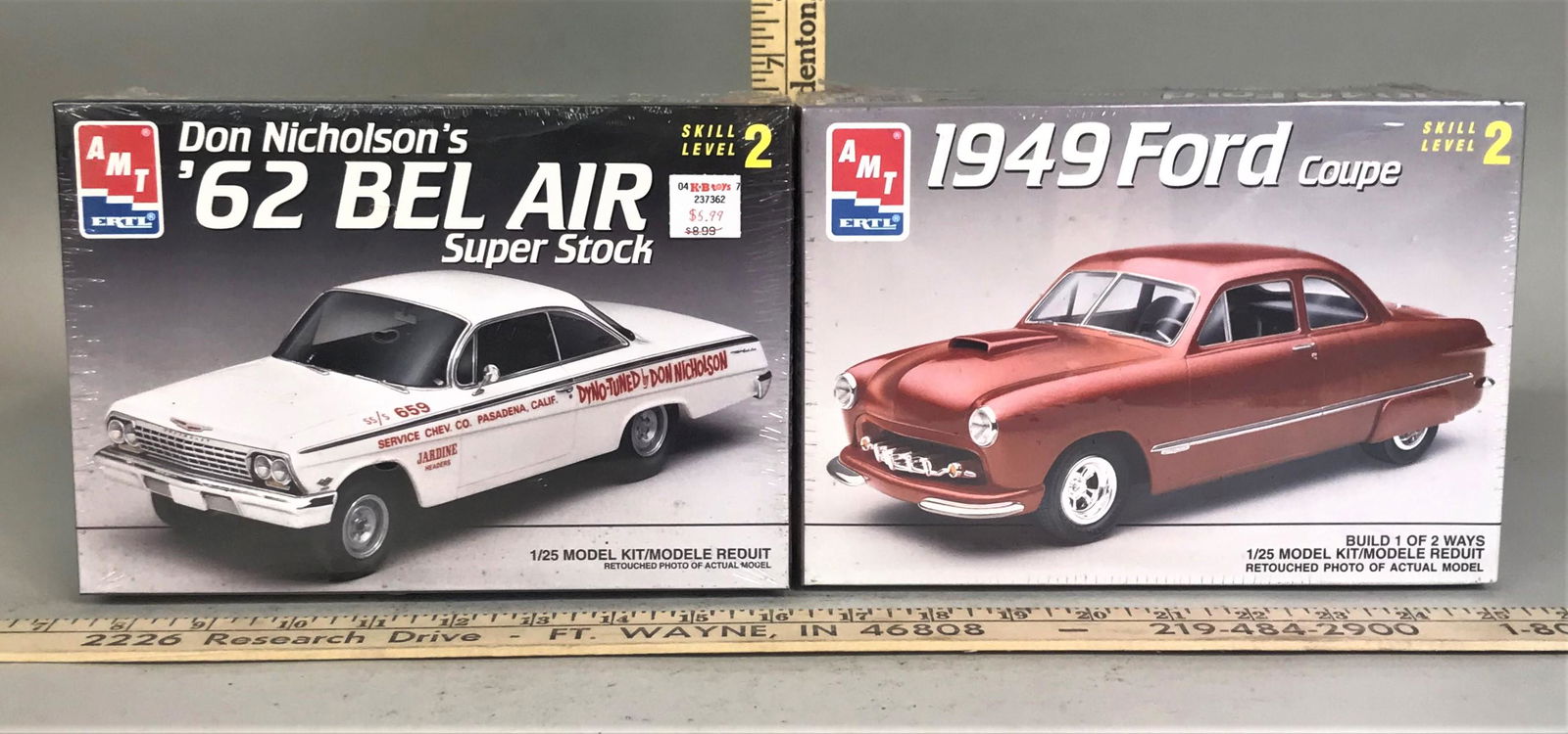 2 AMT Ertl 1:25 Model Kits '62 Bel Air '49 Ford Coupe: 2 AMT Ertl 1:25 model kits including Don Nicholson's '62 Bel Air Super Stock & 1949 Ford Coupe