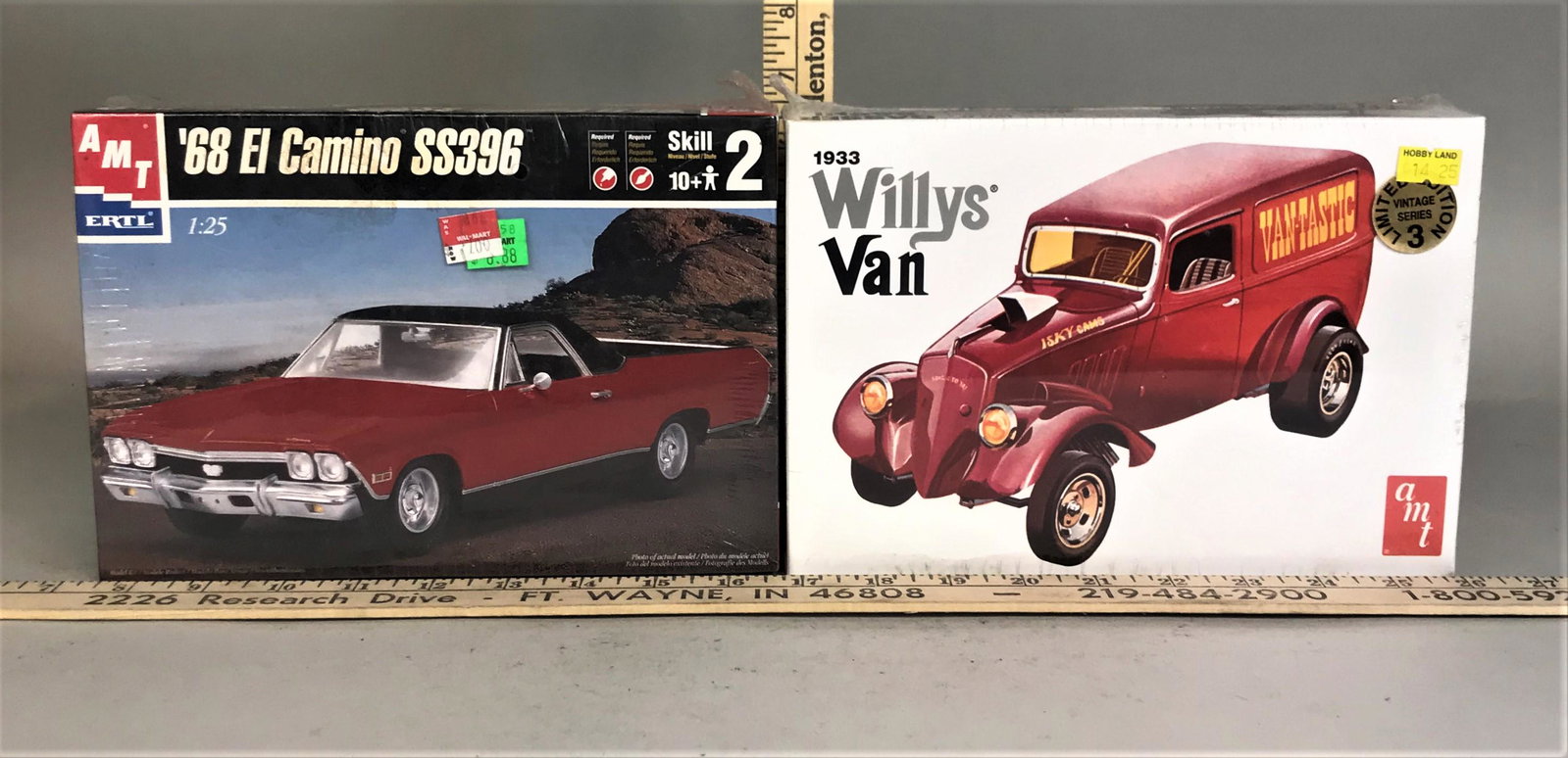 2 AMT Ertl 1:25 Model Kits Willys Van '68 El Camino: 2 AMT Ertl 1:25 model kits including Willys Van & '68 El Camino SS396