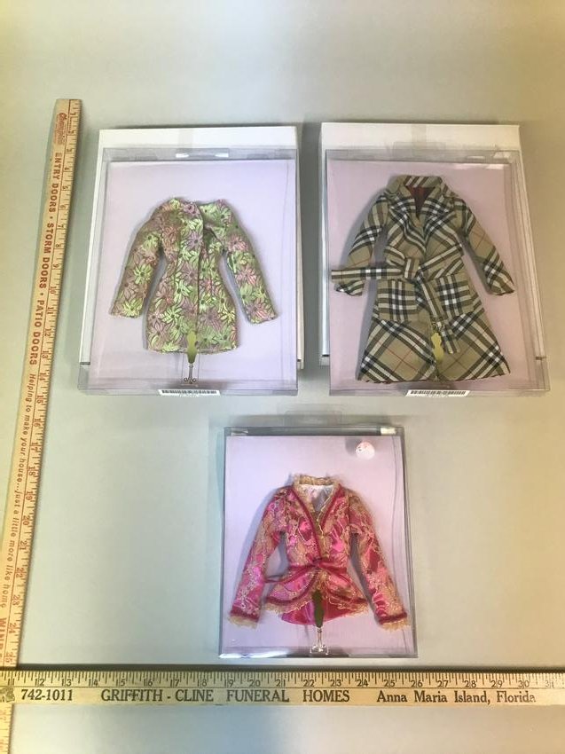 3 Tonner Tyler Wentworth Doll Accessories Coat Jacket: 3 Tonner Tyler Wentworth doll accessories, including "Formal Lace Top Set" T6-BQAC-24, "Flower Power Jacket" T5-BQAC-31, and "English Country Coat" T5-BQAC-25