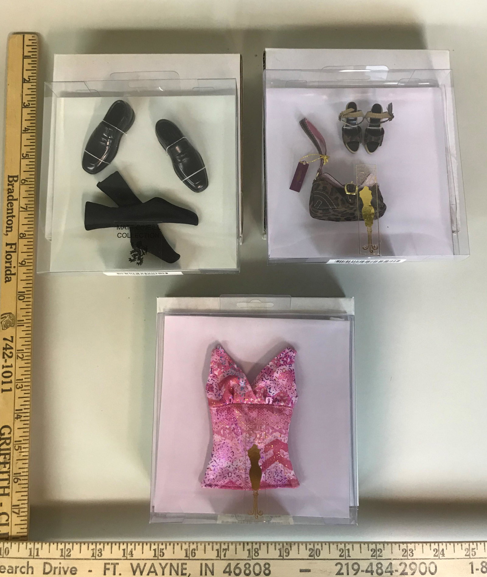 3 Tonner Doll Accessories: 3 Tonner doll accessories, including Matt O'Neill "Black Shoes and Socks" TOM0602, Tyler Wentworth "City Sass Shoes" TWTB533, and Tyler Wentworth "Graffiti Sparkle" top TWTB555