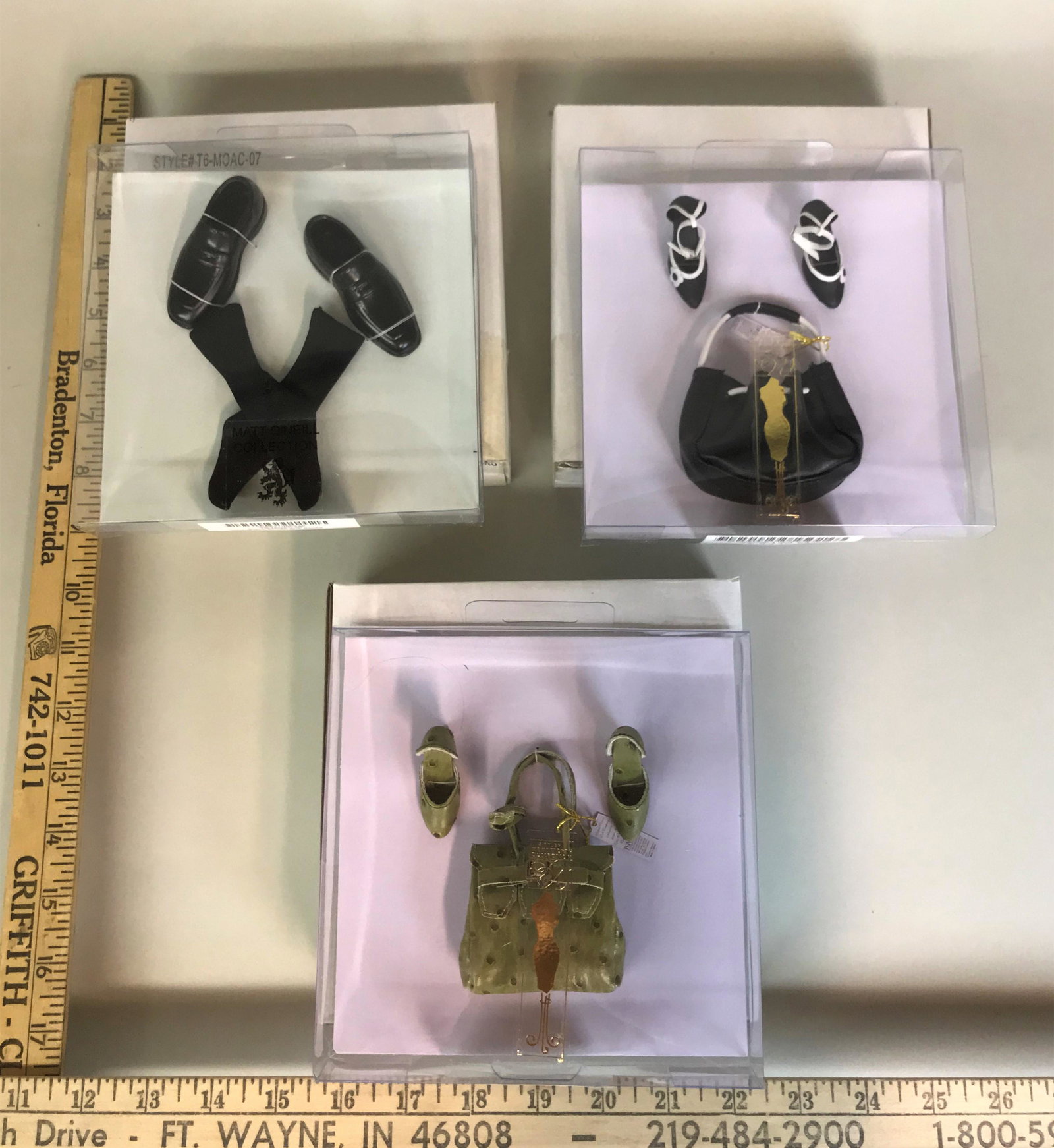 3 Tonner Doll Accessories: 3 Tonner doll accessories, including Matt O'Neill "Black Shoes and Socks" TOM0602, Tyler Wentworth "Very Verdigris Shoes" T5-BQAC-04, and Tyler Wentworth "Candid Touch Shoes" T5-BQAC-06