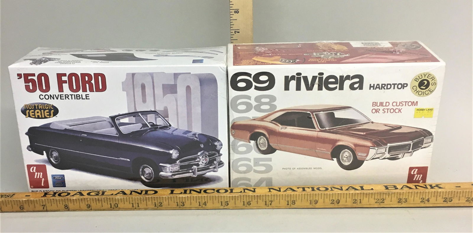 2 AMT Ertl Model Kits '9 Riviera '50 Ford Convertible: 2 AMT Ertl model kits including '69 Riviera Hardtop and '50 Ford Convertible.