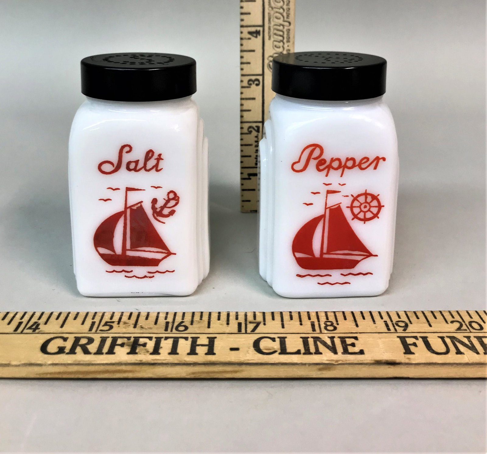 McKee Art Deco Glass Salt & Pepper Range Shakers: A McKee Art Deco milk glass salt and pepper range shakers.