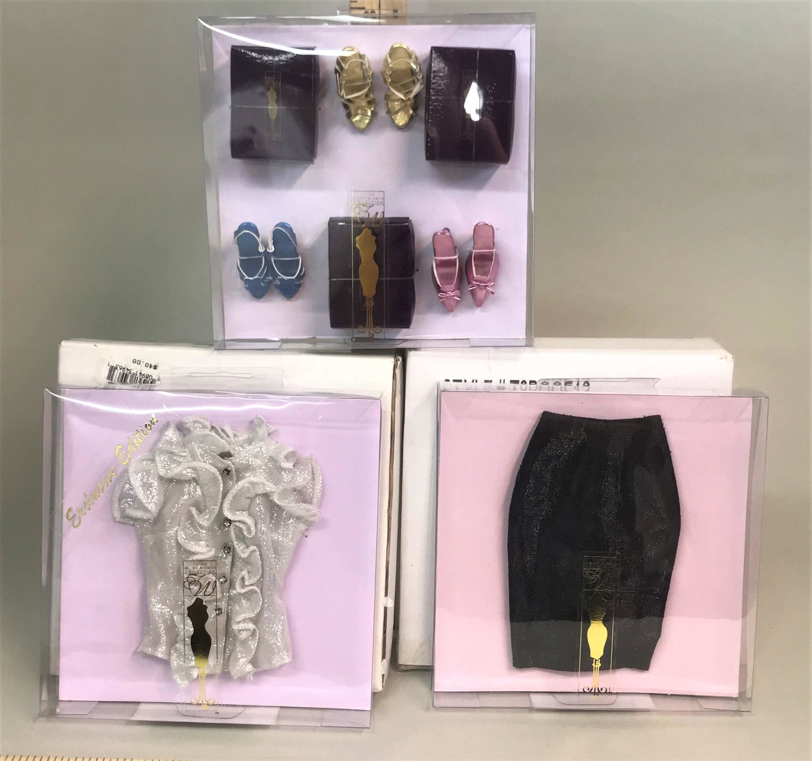 3 Tonner Doll Accessories: 3 Tonner Doll Accessories- Precious Steps Shoe Set T6BQAC02; Intermission Skirt T8BQOF13; Silver Comet Blouse T7BQSO06