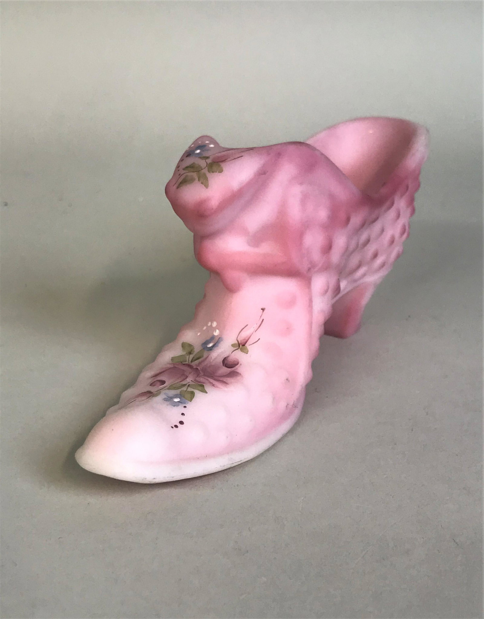 Hand Painted Fenton Burmese Glass Shoe: A hand painted Fenton Burmese glass shoe