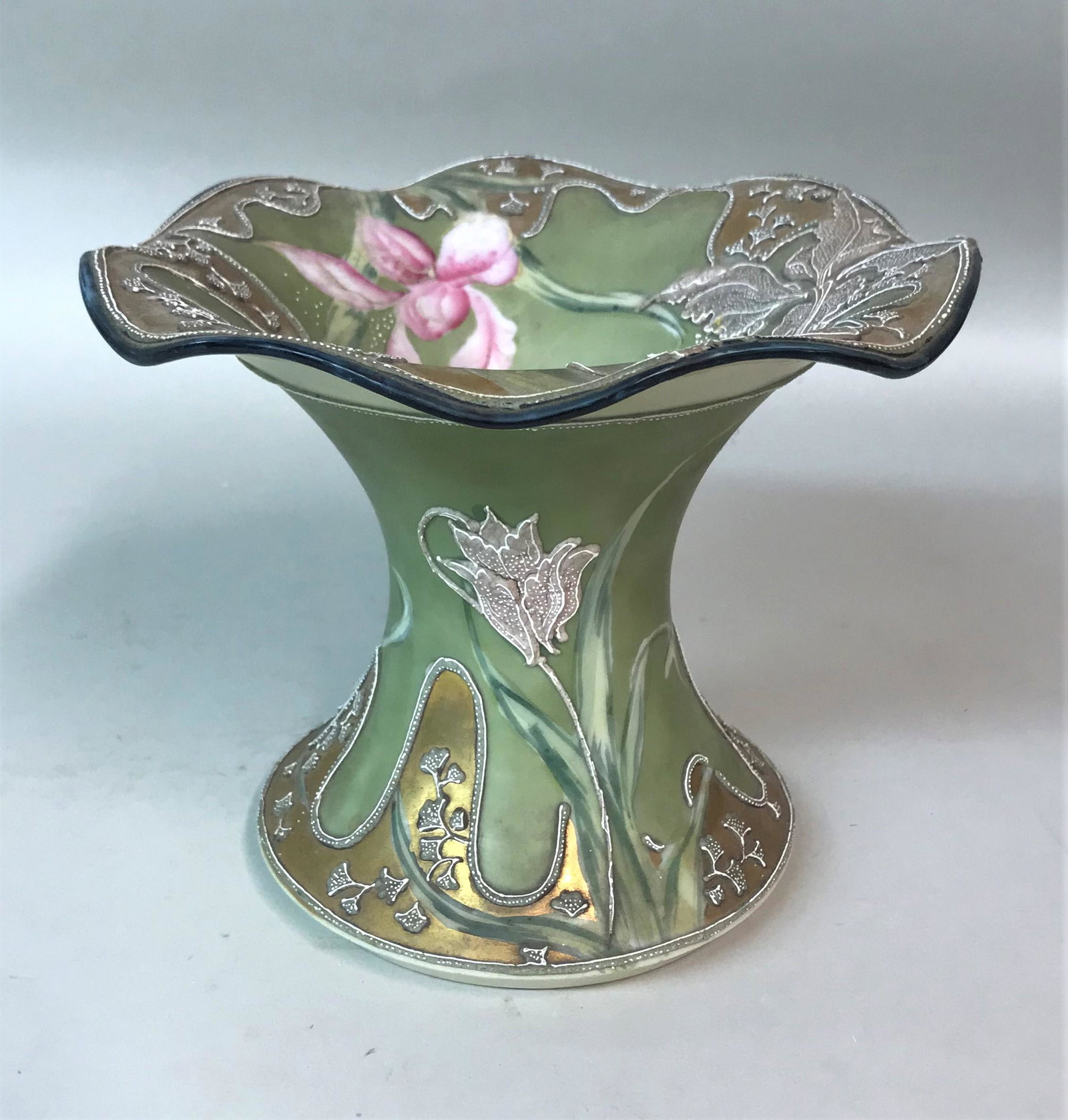 Unmarked Nippon Porcelain Moriage Vase: An unmarked Nippon porcelain vase with moriage decoration.
