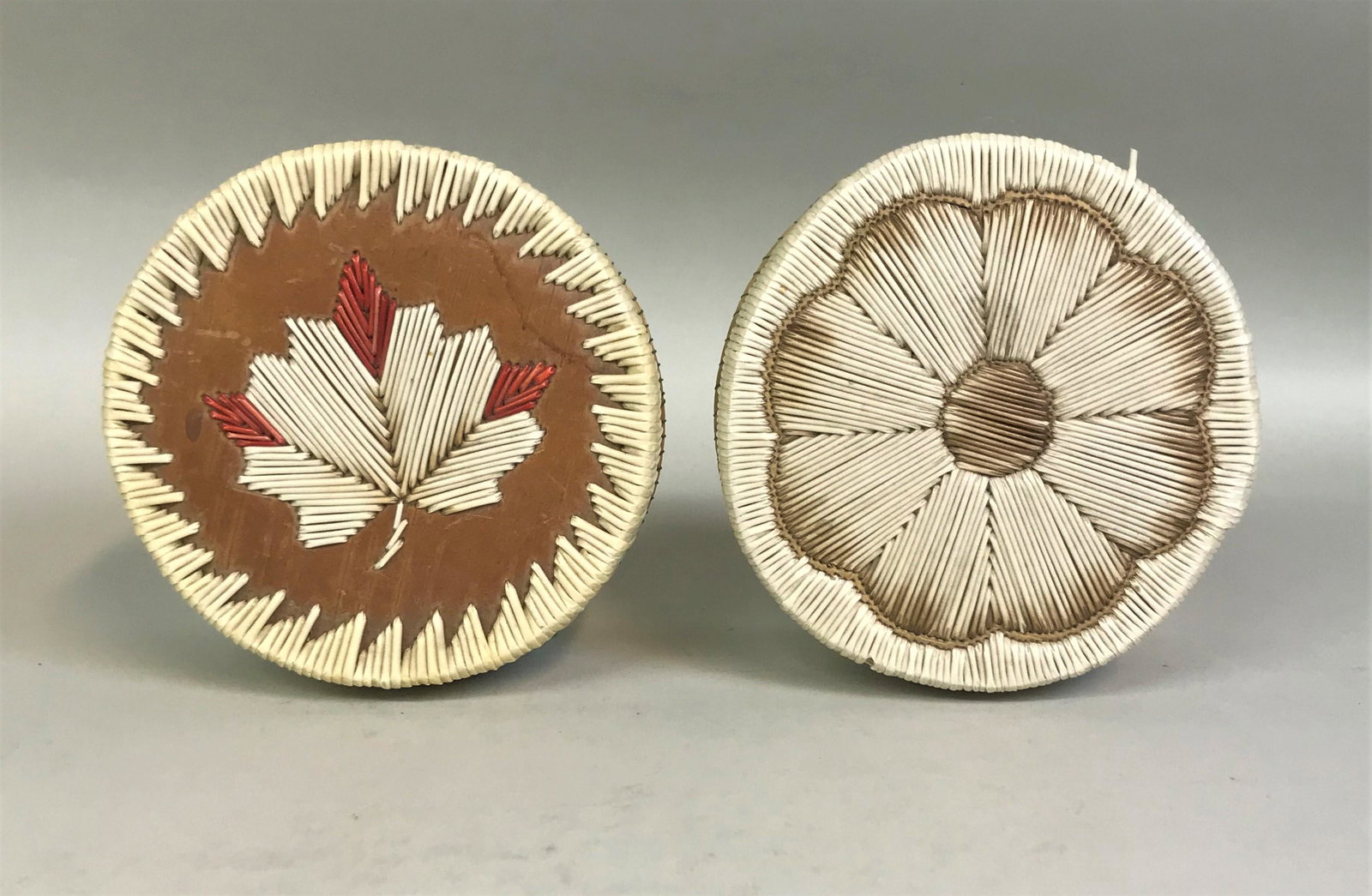 2 Ottowa Native American Quill & Birch Baskets: 2 Native American Ottowa birch bark and quill lidded baskets.