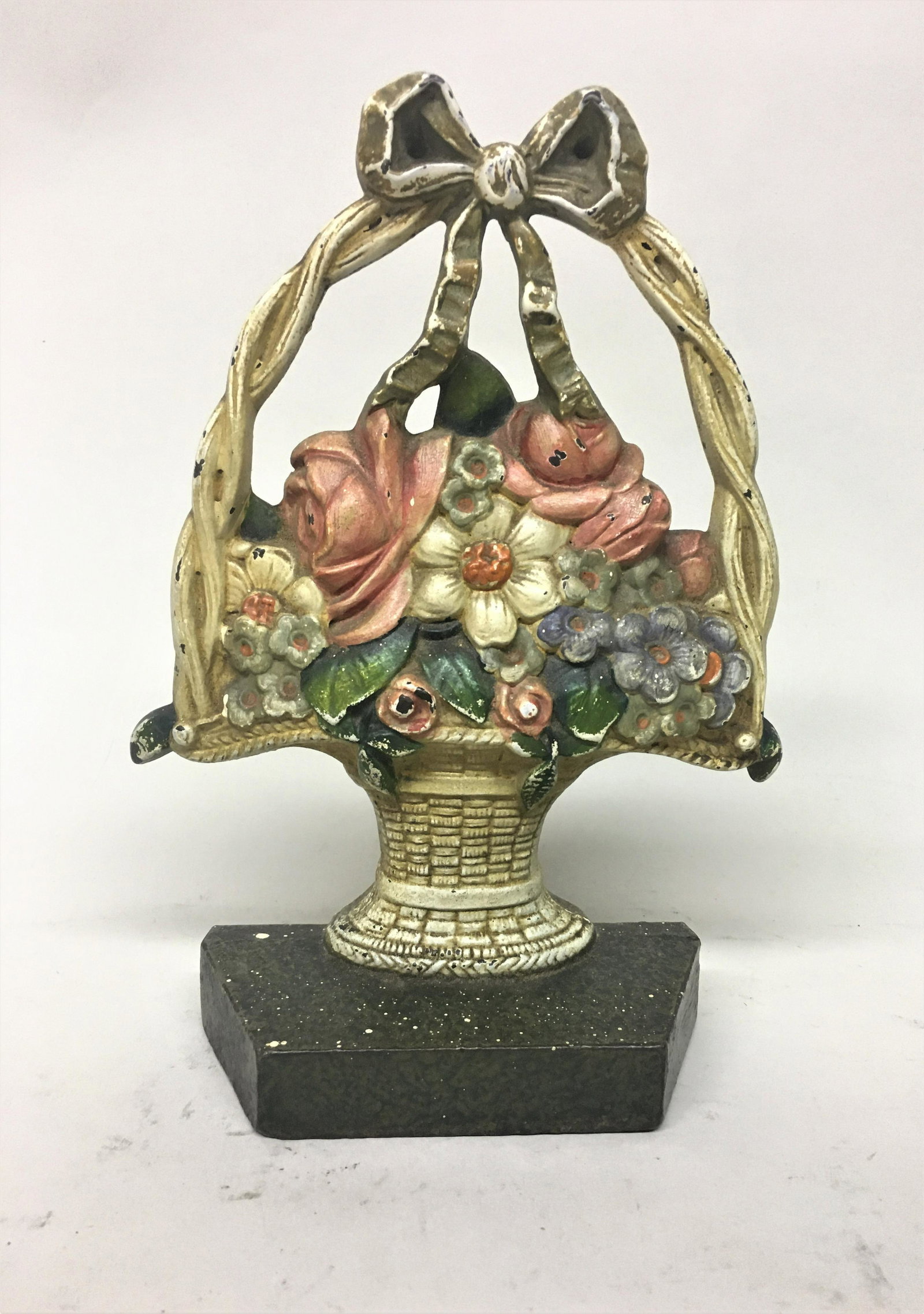 Vintage Judd Painted Cast Iron Basket Door Stop: A vintage Judd painted cast iron flower basket door stop. #1259
