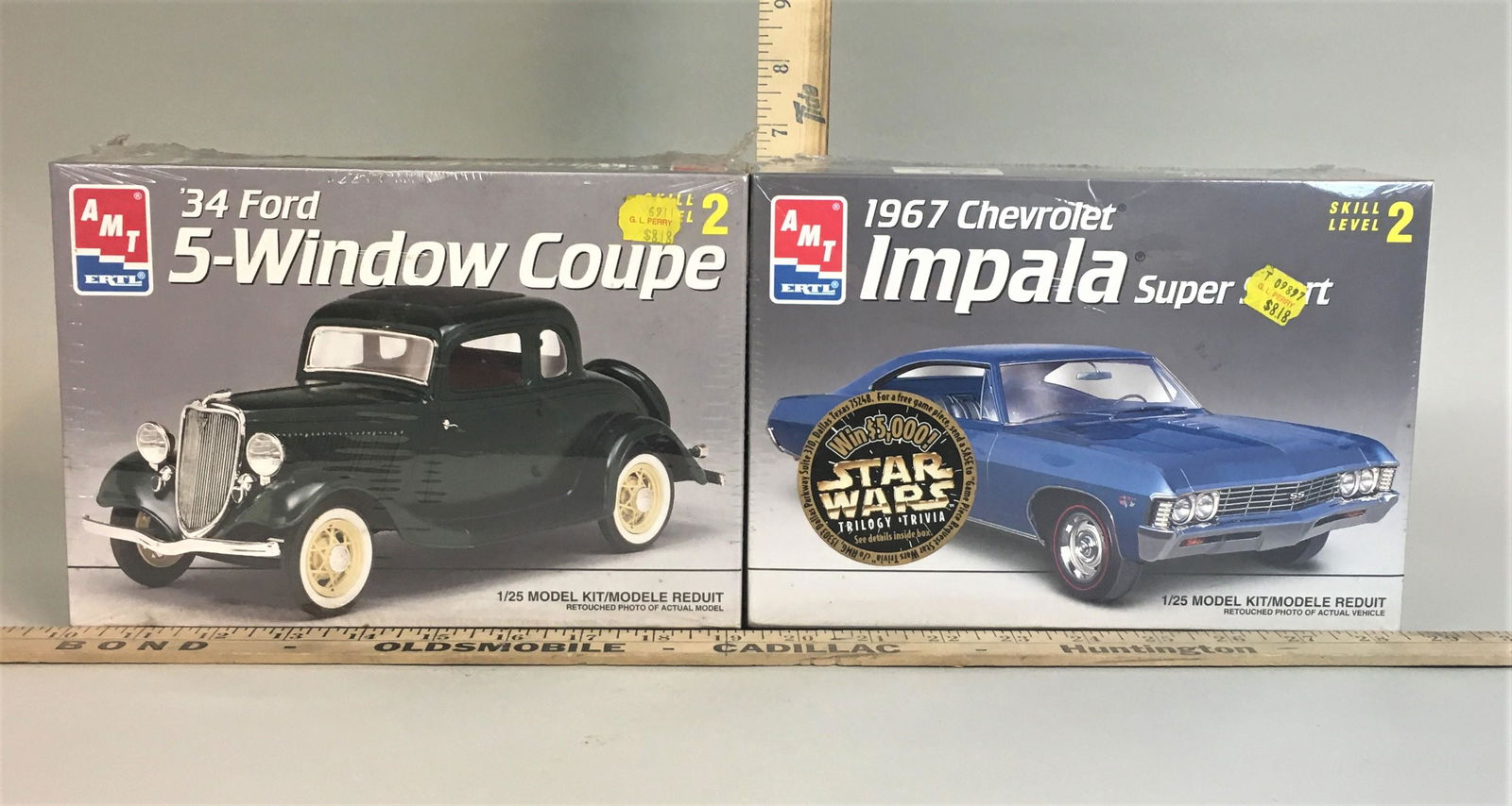 2 AMT Ertl 1:25 Model Kits '34 Ford Coupe & '67 Chevy: 2 AMT Ertl 1:25 model kits including 1967 Chevrolet Impala & '34 Ford 5-Window Coupe
