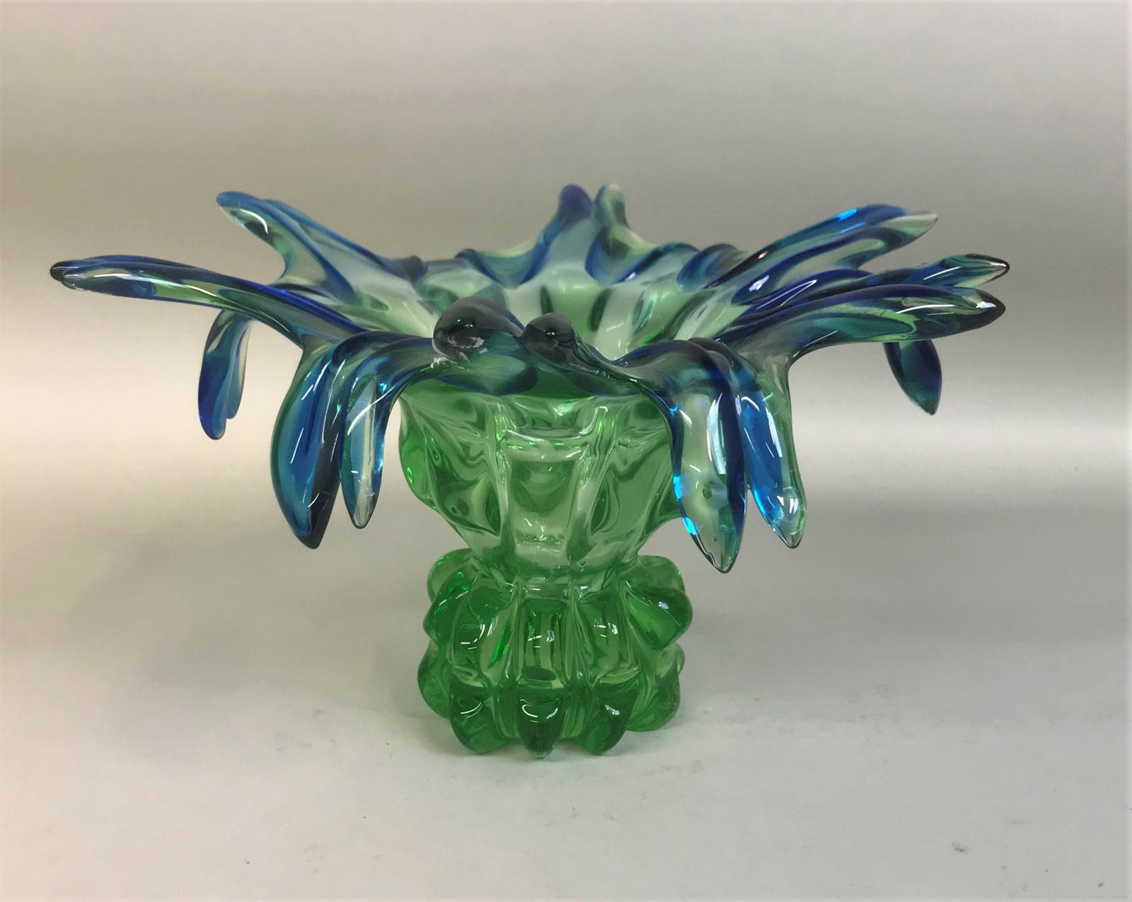 Art Glass Compote: A green and blue art glass compote