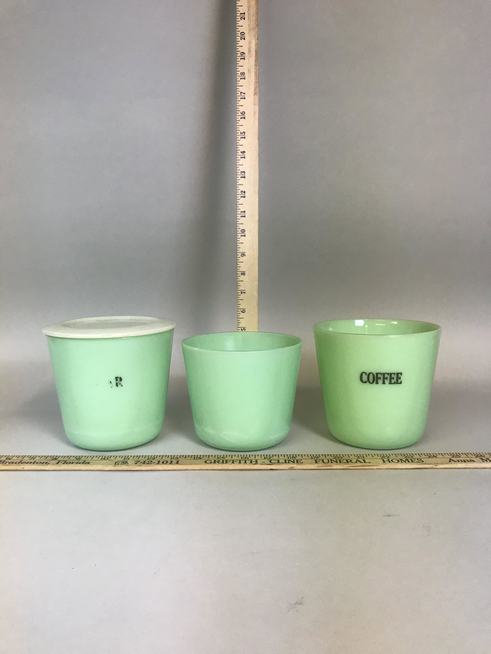 3 Vintage McKee Jadeite Kitchen Canisters: 3 vintage Jadeite kitchen canisters; one with a clambroth lid.