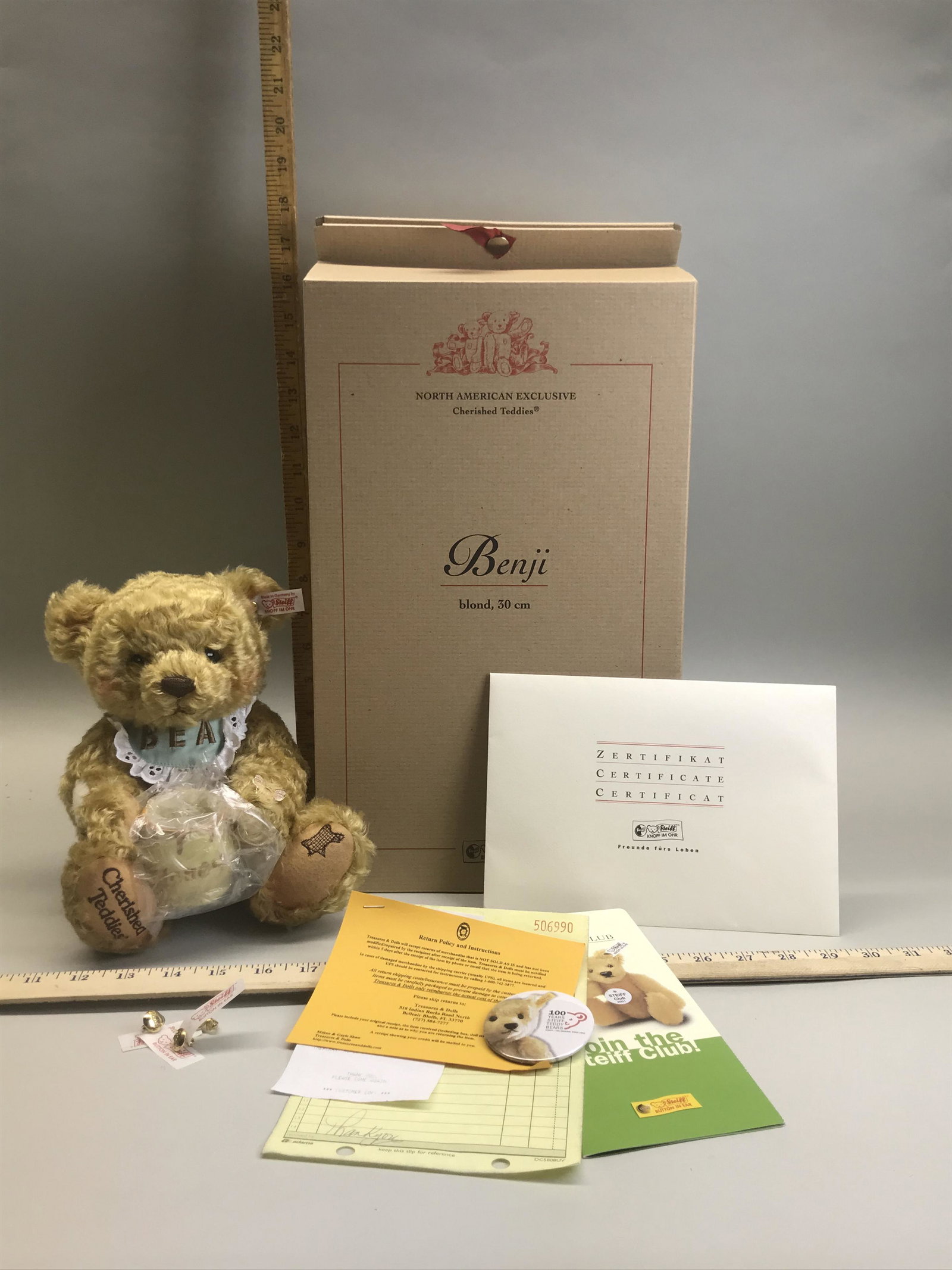 NIB Cherished Teddies Steiff Blonde Benji Bear: A NIB Cherished Teddies Steiff blonde Benji bear. 665929