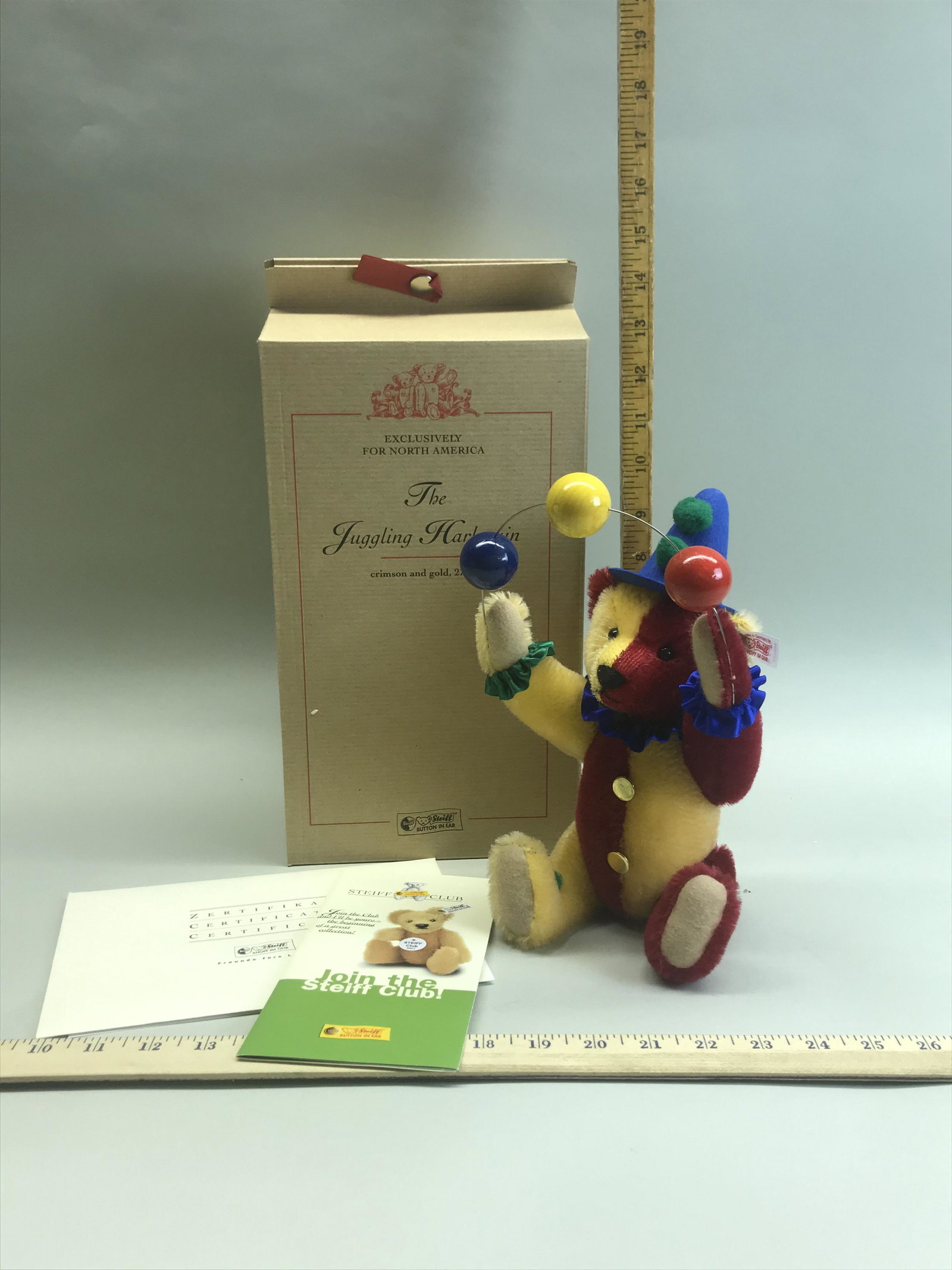 NIB Steiff The Juggling Harlequin Teddy Bear: A NIB Steiff "The Juggling Harlequin" teddy bear. 666452