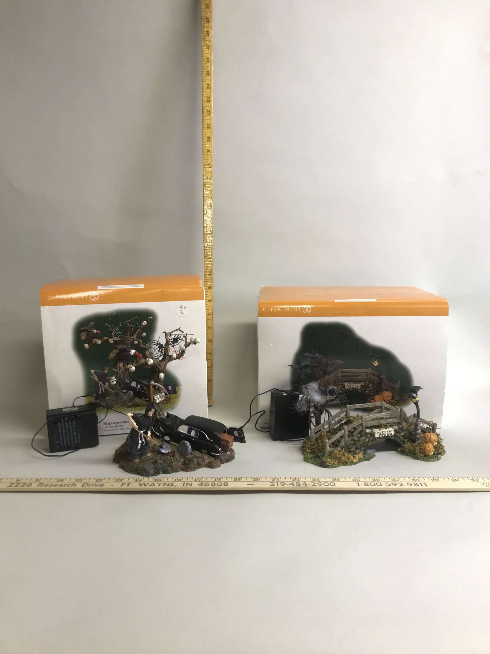 2 Department 56 Snow Village Halloween Accessories: 2 Department 56 Snow Village Halloween accessories, including "Creepy Creek Bridge" #56.53071 and "Haunted Hearse" #56.53057