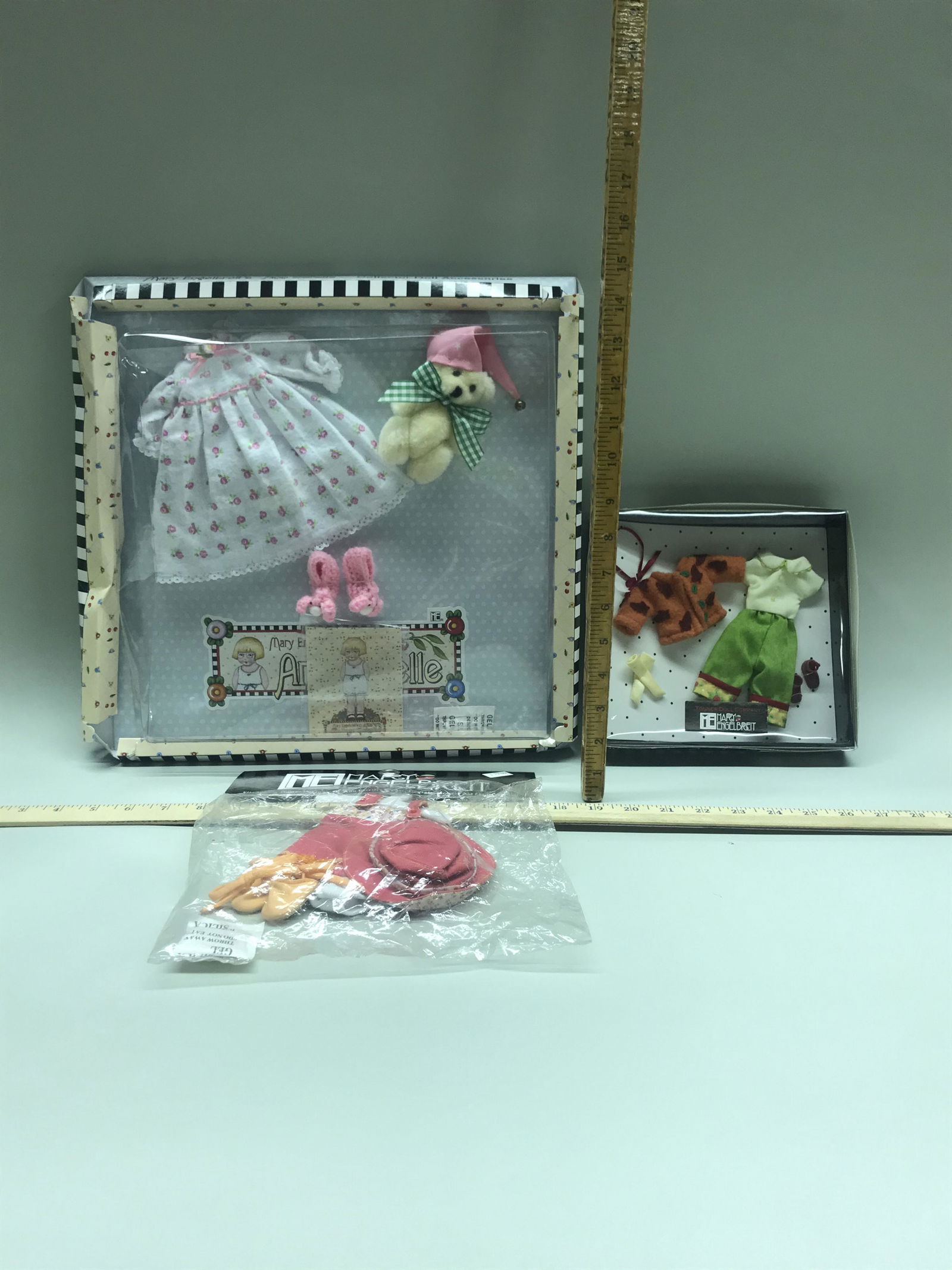 (3) Mary Engelbreit Effanbee Doll Accessories: Mary Engelbreit Summer Jumper ME8303, Fall Leaves T6-MEOF-01, in original boxes and Ann Estelle Accessories in original box which is damaged